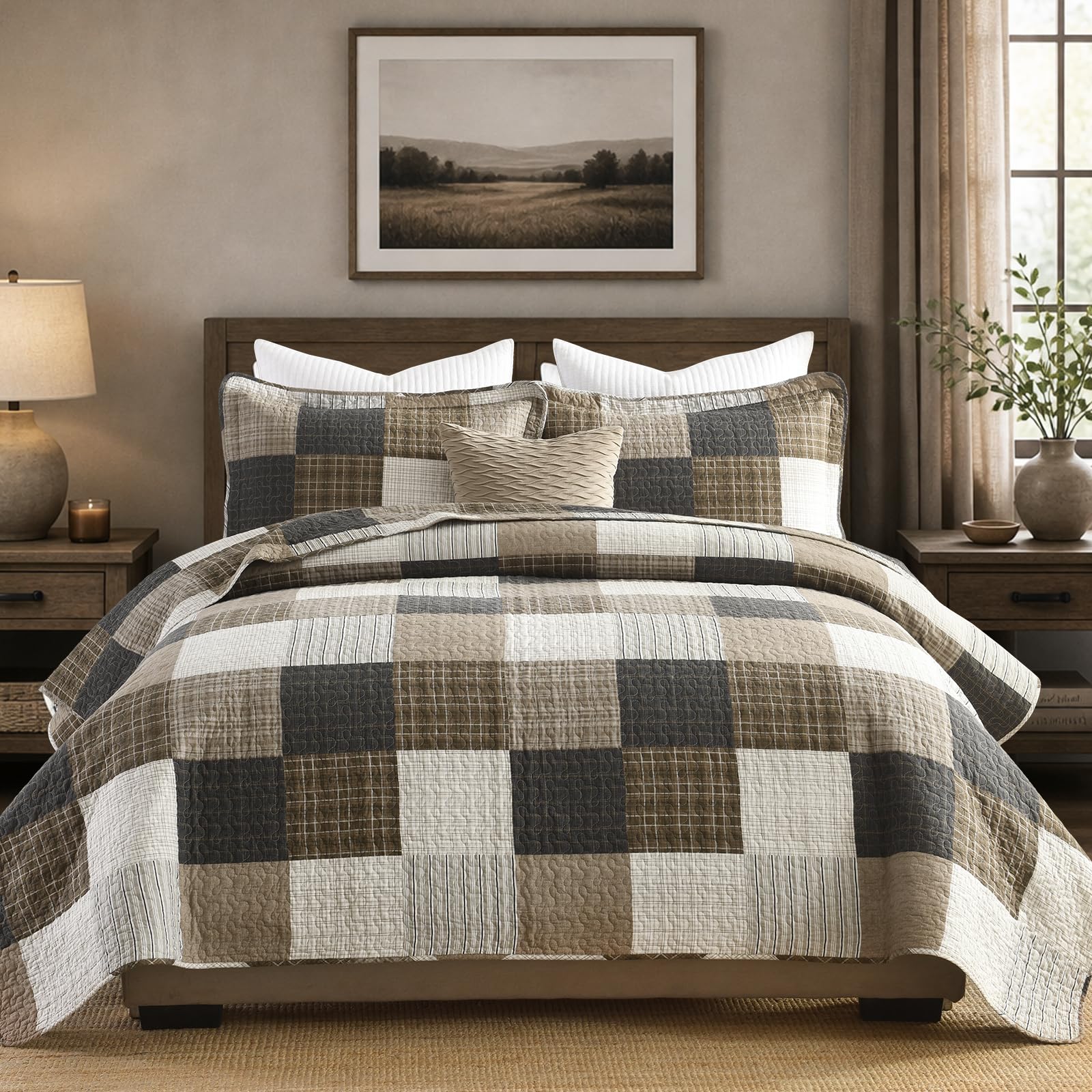 Quilta 100% Cotton Quilt King Size - Farmhouse Plaid King Quilt Bedding Set, Soft Lightweight Country Bedspread Set, Rustic Comforter for All Seasons 3pcs, Brown/Charcoal/Beige