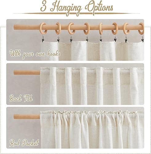 Miniatura 3 de NICETOWN Cortinas de cocina de lino natural de 24 pulgadas de largo, bolsillo para barra y pestaña trasera, cortinas de lino semitransparentes para