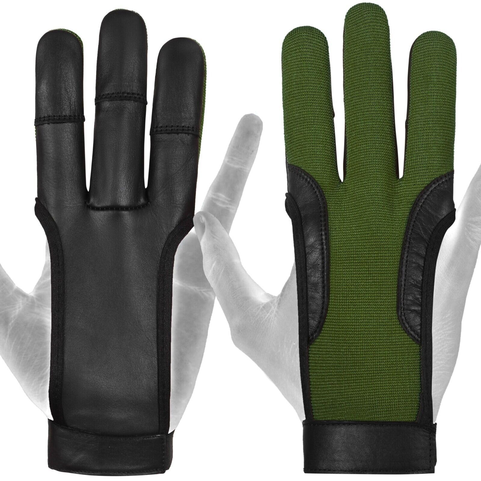 DKZ leather ARCHERS 3 FINGER Glove 100% Leather, Right Hand,Black,Blue,Green,Red,Yellow Professional Leather hunting Glove for Adults (Green, XS, Right)