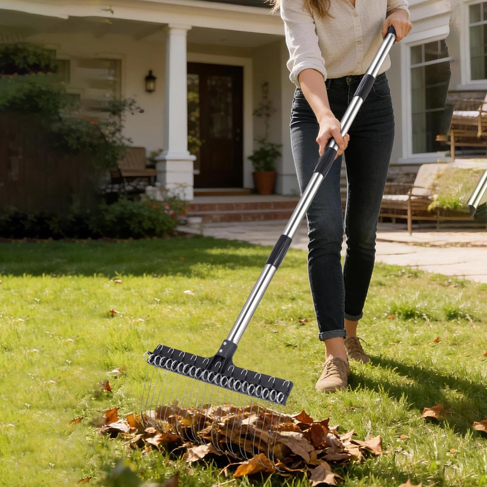 Rastrillo De Jardín Extensible Ajustable Ergonómico De 98 A 160 Cm | Rastrillo para paisajismo para césped, jardín, arbustos, mantillo, residuos y agujas de pino