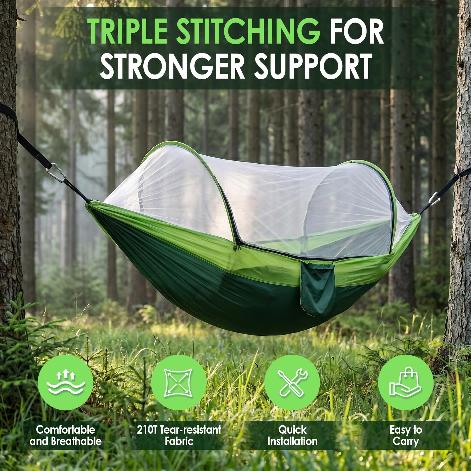 Hängematte 260x140cm, Doppel Hängematte, Moskitonetz, 300kg Tragkraft, Ultraleichte Reise, mit Tragetasche, 2 Premium Karabiner, 2 Schlingen, für Camping, Outdoor und Garten