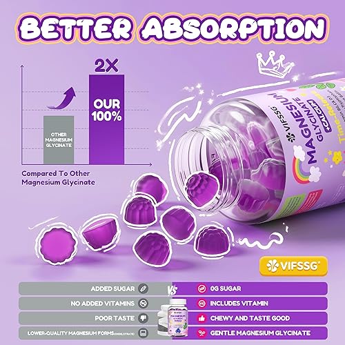 Vista 4 de Gomitas de glicinato de magnesio para adultos y niños mayores de 4 años, paquete de 2 suplementos de bisglicinato de magnesio sin azúcar, 400/200 mg