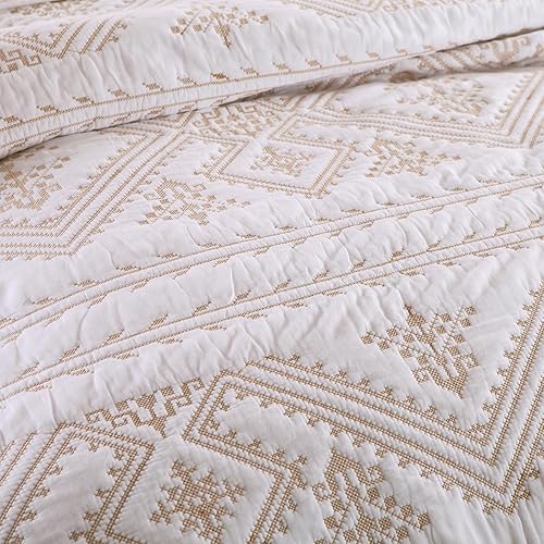 Miniatura 7 de mixinni Juego de colcha de edredón de algodón impreso con patrón de bordado blanco tamaño King