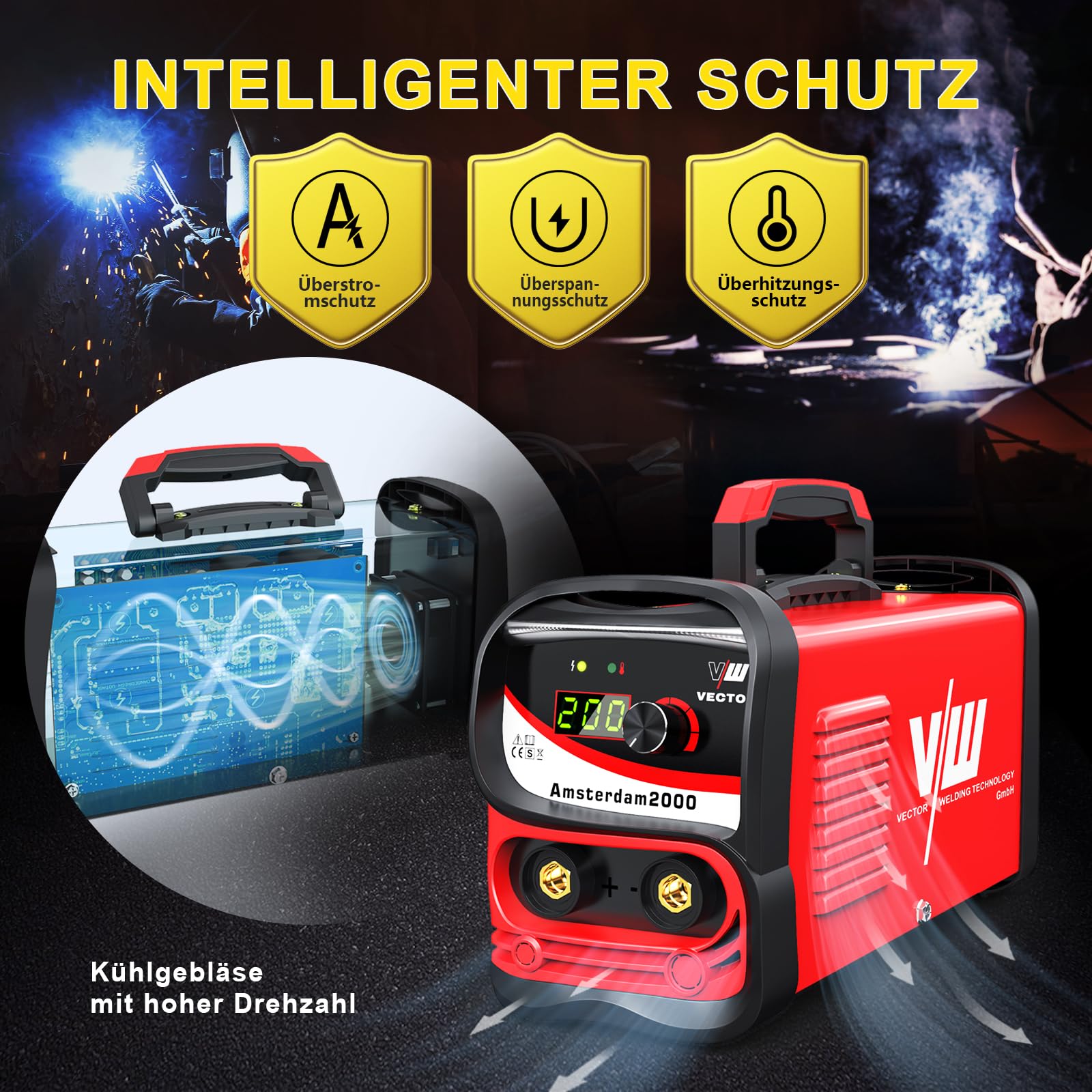 VECTOR Kit de soudage à électrodes - ARC 200 A - Avec casques, poste à souder inverter - Mini poste à souder - MMA - Inverter E-Hand avec 200 A - Technologie IGBT