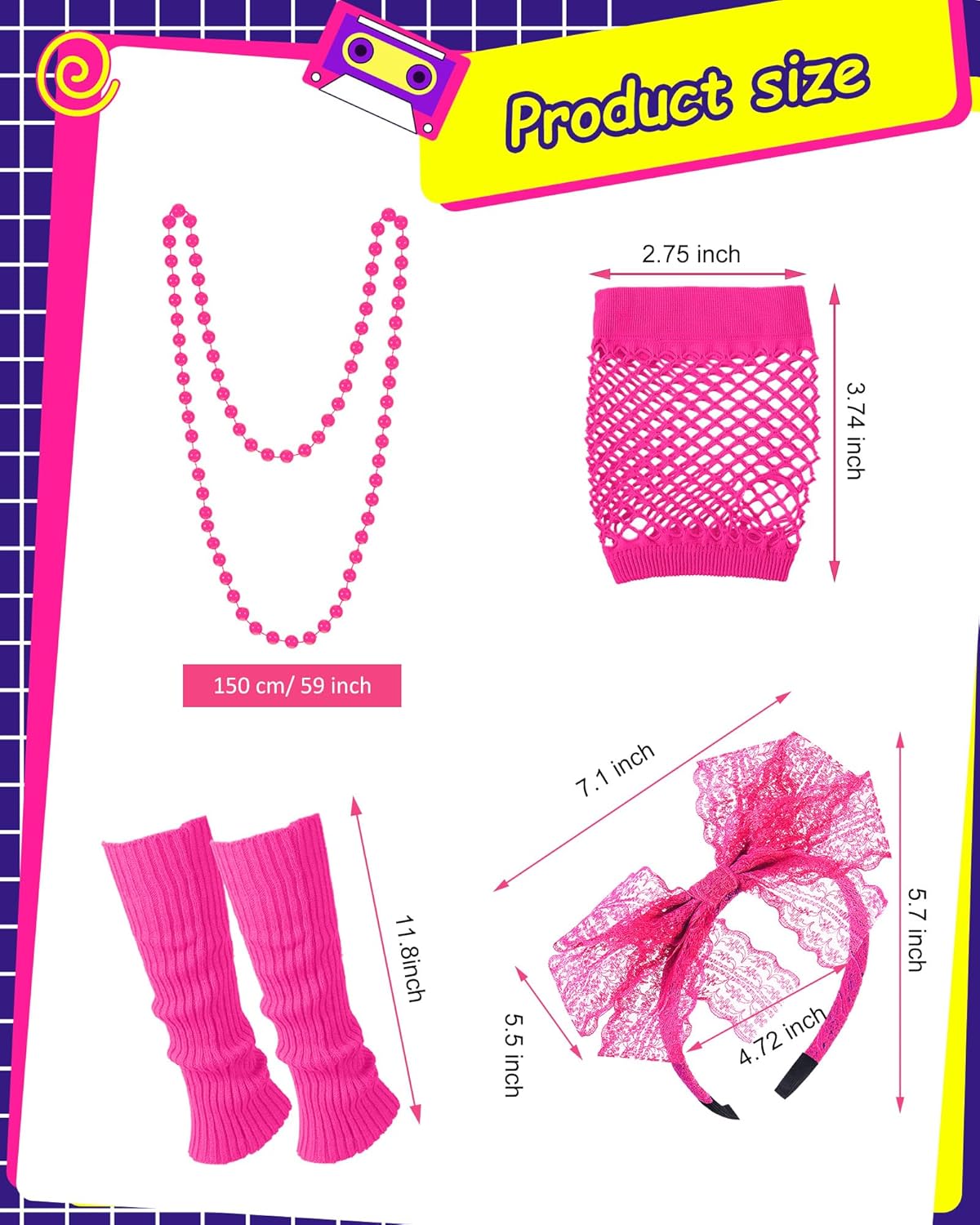 Jadive 12 Pcs 80s Costume Outfits Accessories for Woman Party Fishnet Shirt Legging Vest Hairband Necklace Gloves Leg Warmer