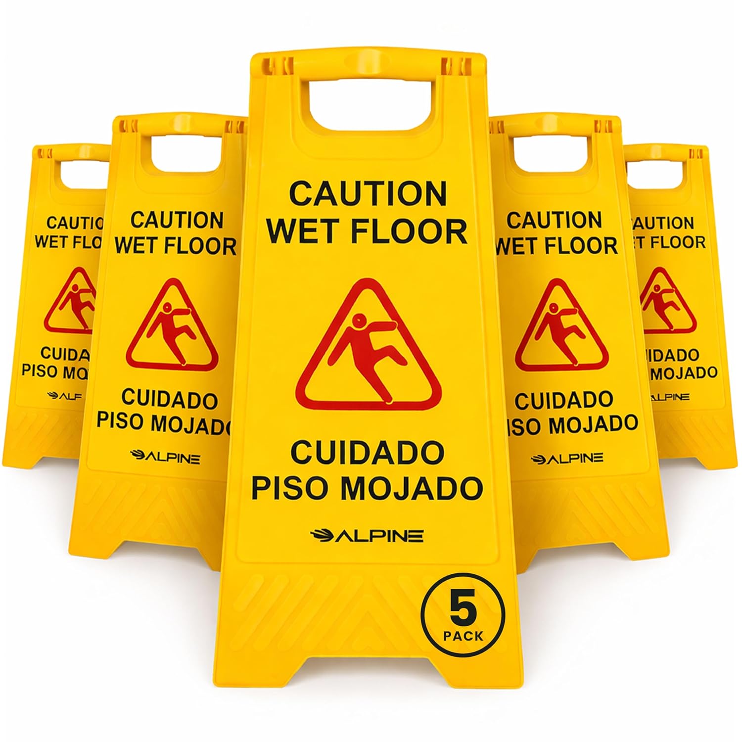 Alpine Caution Wet Floor Signs 5 Pack - 24 Inch, High Visibility Yellow Slippery When Wet Sign - Bilingual Safety Warning Sign to Easily Avoid Slippery Accidents in High Traffic Areas