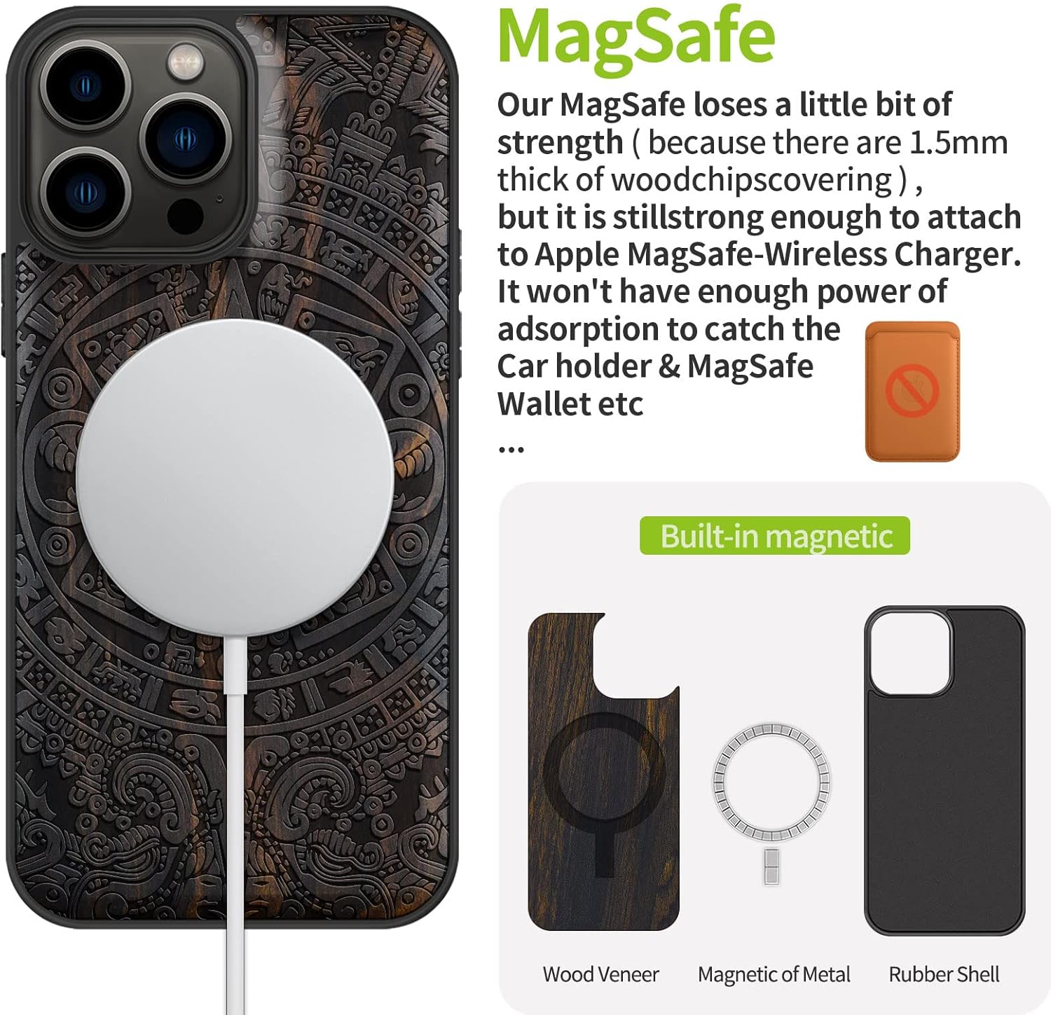 Carveit Magnetic Wood Case for iPhone 13 Pro Max [Natural Wood & Black Soft TPU] Unique & Classy Wooden Shockproof Protective Cover Compatible with magsafe (Mayan Symbols -Blackwood)