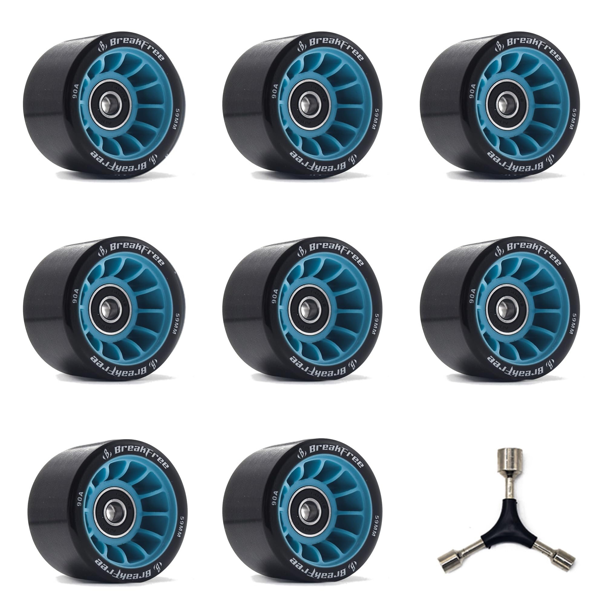 B BREAKFREE Paquete de 8 ruedas 90A de 59 mm x 38 mm para patinaje en interiores y exteriores con rodamientos y herramientas de montaje, rollo suave de alto rebote para patines de cuatro ruedas (azul)