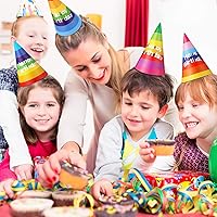 Vista 6 de Boao 20 sombreros de fiesta de cumpleaños arcoíris con pancarta de feliz cumpleaños, sombreros de cono coloridos para adultos y niños pequeños