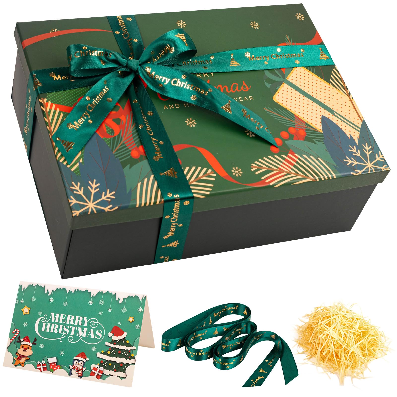 Medium/Large Christmas Eve Box 29x21x10.5cm Christmas Boxes for Gift Thick Luxury Xmas Gift Boxes for Presents with Lids Ribbon Card, Foldable Dark Green Xmas Eve Box for Gifts Kids Adults