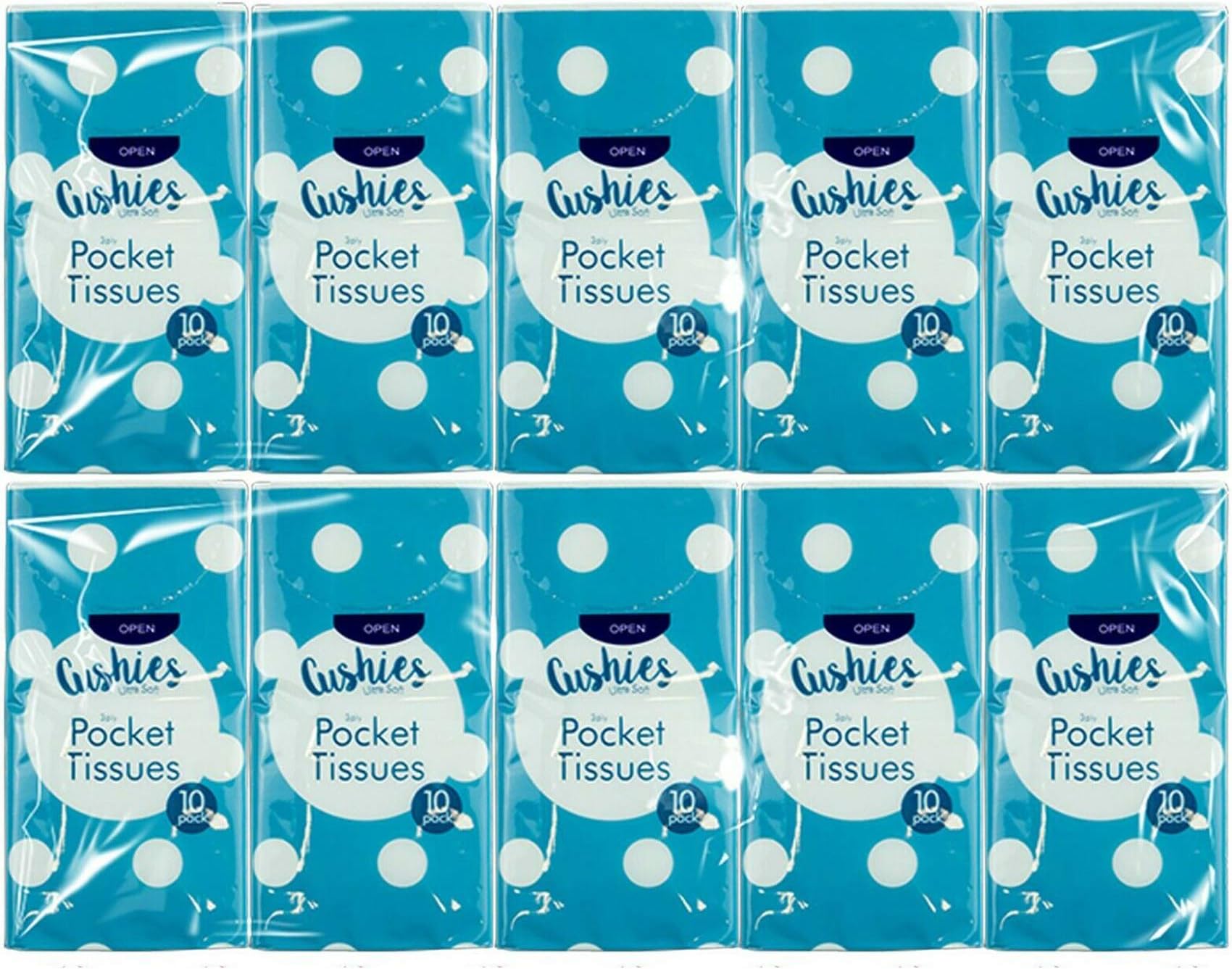 10 x Packs CUSHIES Ultra Soft Pocket Tissues 3 Ply New Embossed Strong White Makeup Beauty Home Care Travel Cleaning Fun Party Facial Clean Handy UK Free P&P