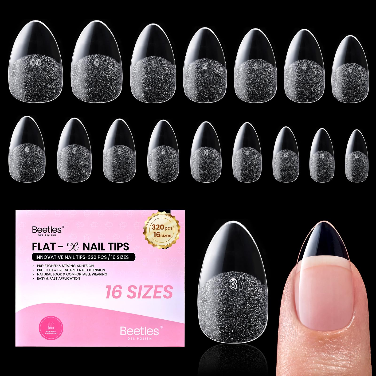 Beetles Gel Nail Tips Flat-X - Almond Short, 320pcs 16 Sizes, Pre-Etched Half Matte Full Cover Soft Acrylic Press on False Nail Extension Tips Easy DIY Salon for Flat & Natural Nail Beds