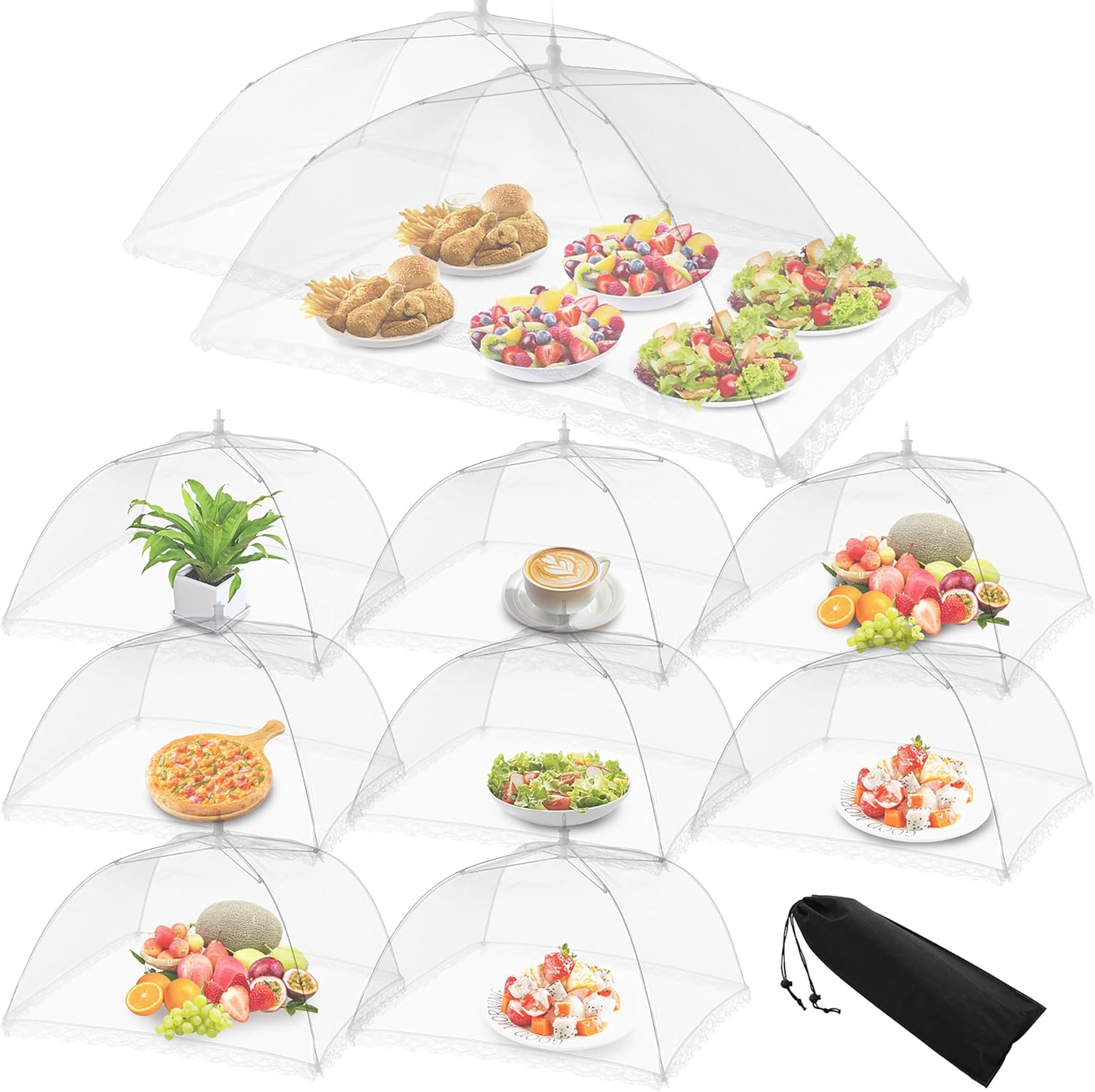 Moozetiz 10-Pack Mesh Food Covers for Outdoors - 2 XXL 40x24in & 8 Large 17x17in Upgraded Pop-Up Picnic Tents with Bag