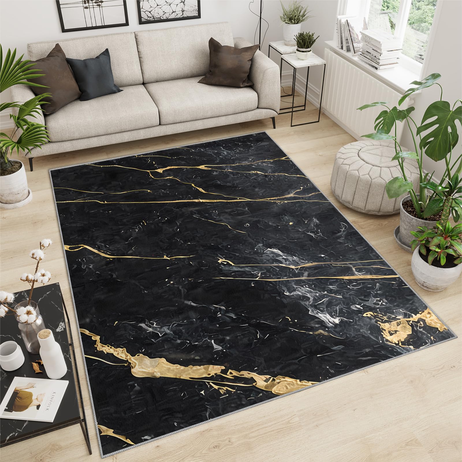 QDJKBL Area Rugs 180 X 220 Cm Abstract Black Gold Marble Texture, Luxury Gold-Plated Irregular Crack Lines Living Room Rug, Floor Mat Dust-Proof for Cafe Office