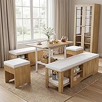 Oakvera Extendable 6-Piece Breakfast Nook Table Set with Storage Benches, Stools & Wine Glass Holders for Small Spaces - Indoor/Outdoor (White/Oak)