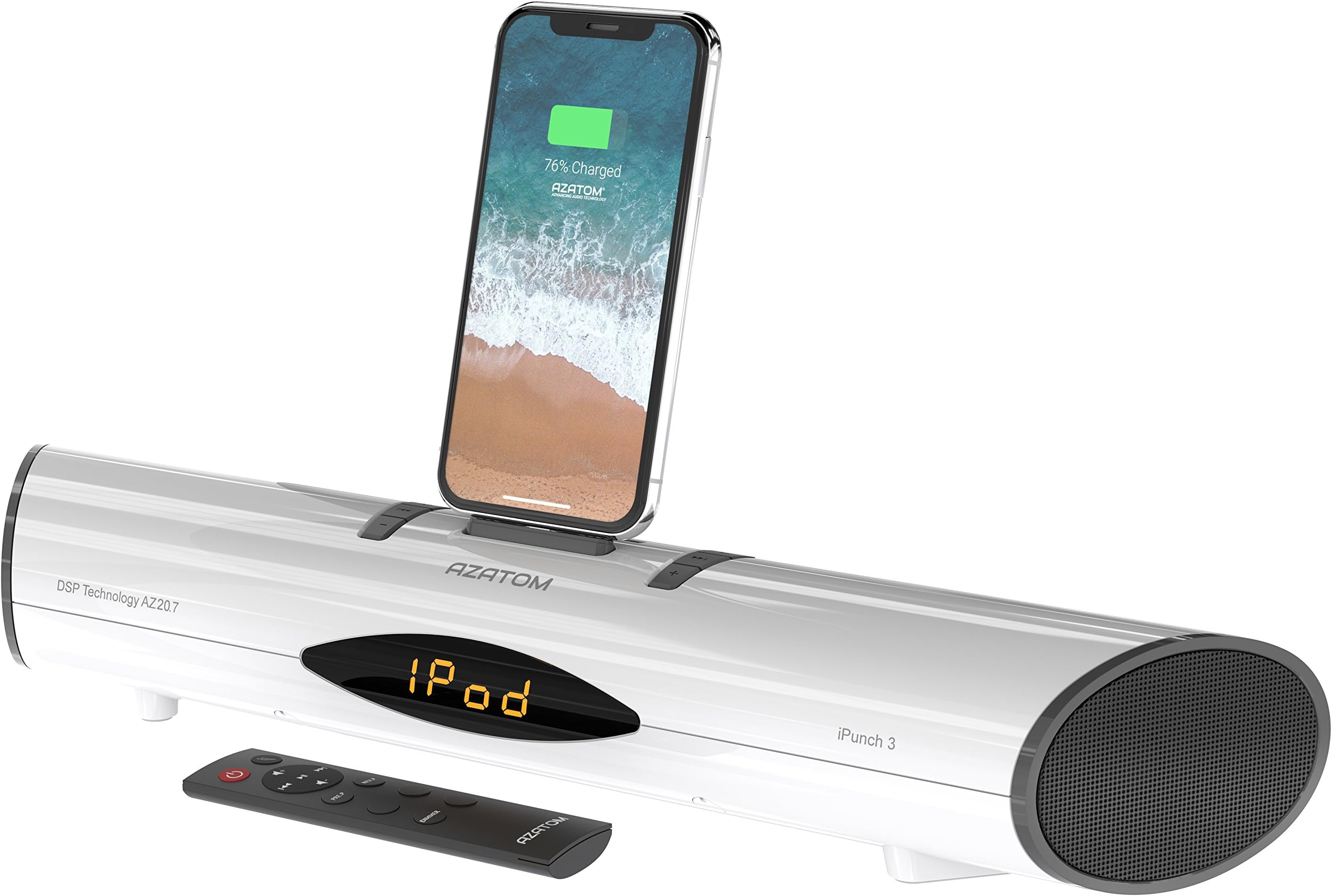 AZATOM iPunch 3 Bluetooth Lightning Docking Station for iPhone Xr Xs X 8 8+ 7+ 7 6S+ 6S 6 5S 5SE 5C 5 iPod Touch 5G 6G - FM radio - Remote - WHITE