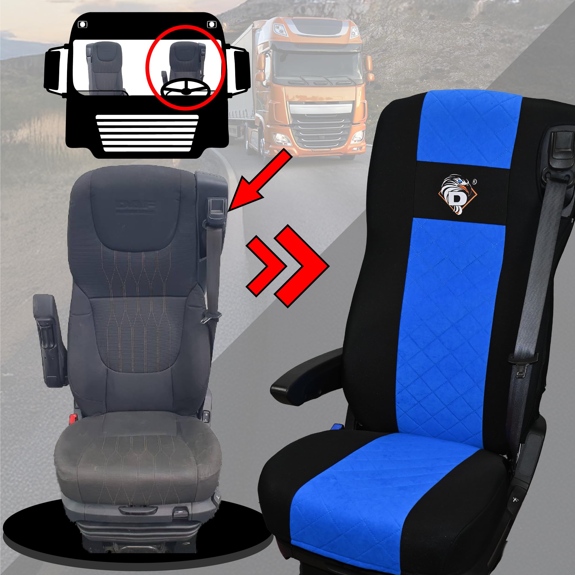 SABA Housses de siège pour Camion DAF 105 XF à partir de 2012, 2 Sangles | Accessoires pour camion protection de siège pour 106 XF à partir de 2013, XG, XG+ à partir de 2022 avant du véhicule
