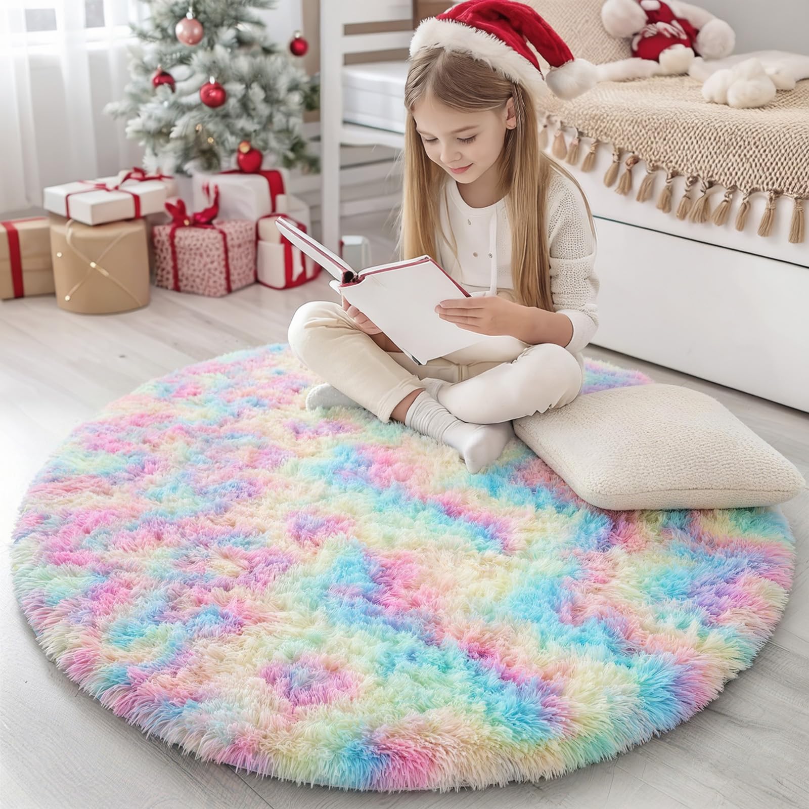Homaxy Tapis moderne à poils longs moelleux antidérapant et lavable - Grand tapis de chevet à poils épais pour salon, chambre d'enfant, crèche, arc-en-ciel, 160 cm, rond