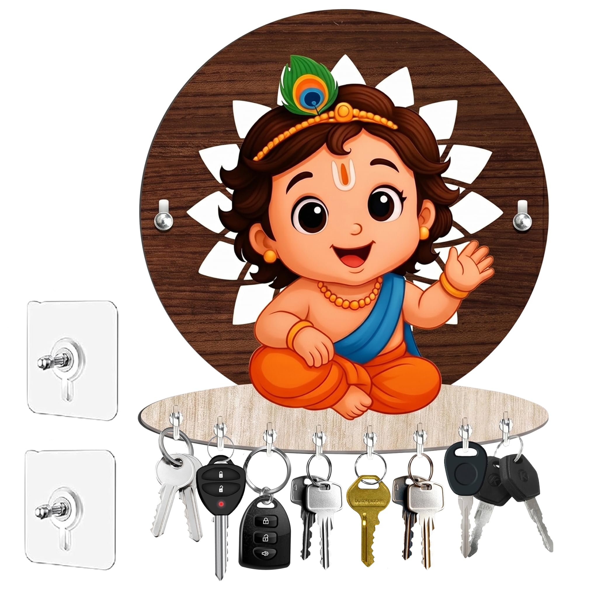 Match Made Baby Krishna Wooden Key Holder for Home Without Drill, Brown, 8 Hooks, Modern Style, No-Drill Wall Mount Design for Home Office