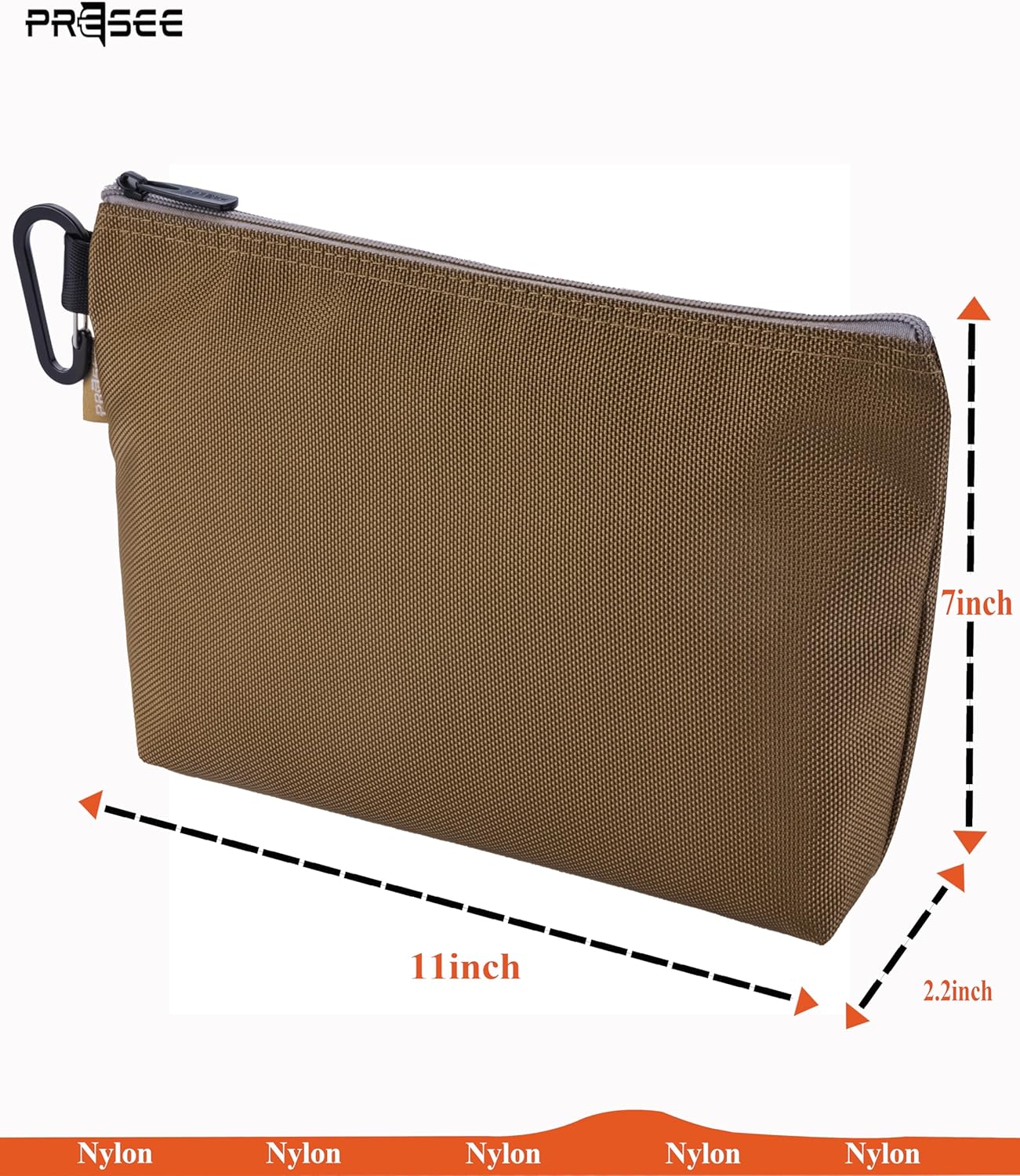 Tool Pouch Zipper Small Tool Bag Pouches Organizer Bag with Metal Carabiner, Nylon 1680D Heavy Duty for Wrenches, Screwdrivers, Pliers, Stationery & Office Supplies Pack of 1,Khaki, 11 Inch