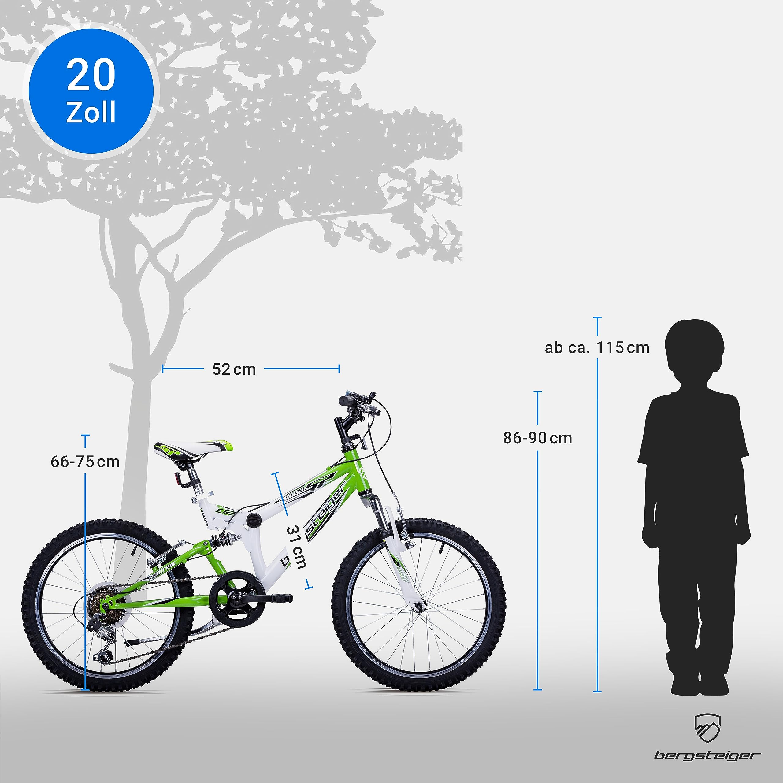 Bergsteiger Montreal 20/24 Zoll Kinderfahrrad Mountainbike mit Vollfederung | Ideal für den Schulweg ab 115 cm Körpergröße. Mit 18-Gang-Schaltung, Scheibenbremse und zu 90 Prozent fertig vormontiert.