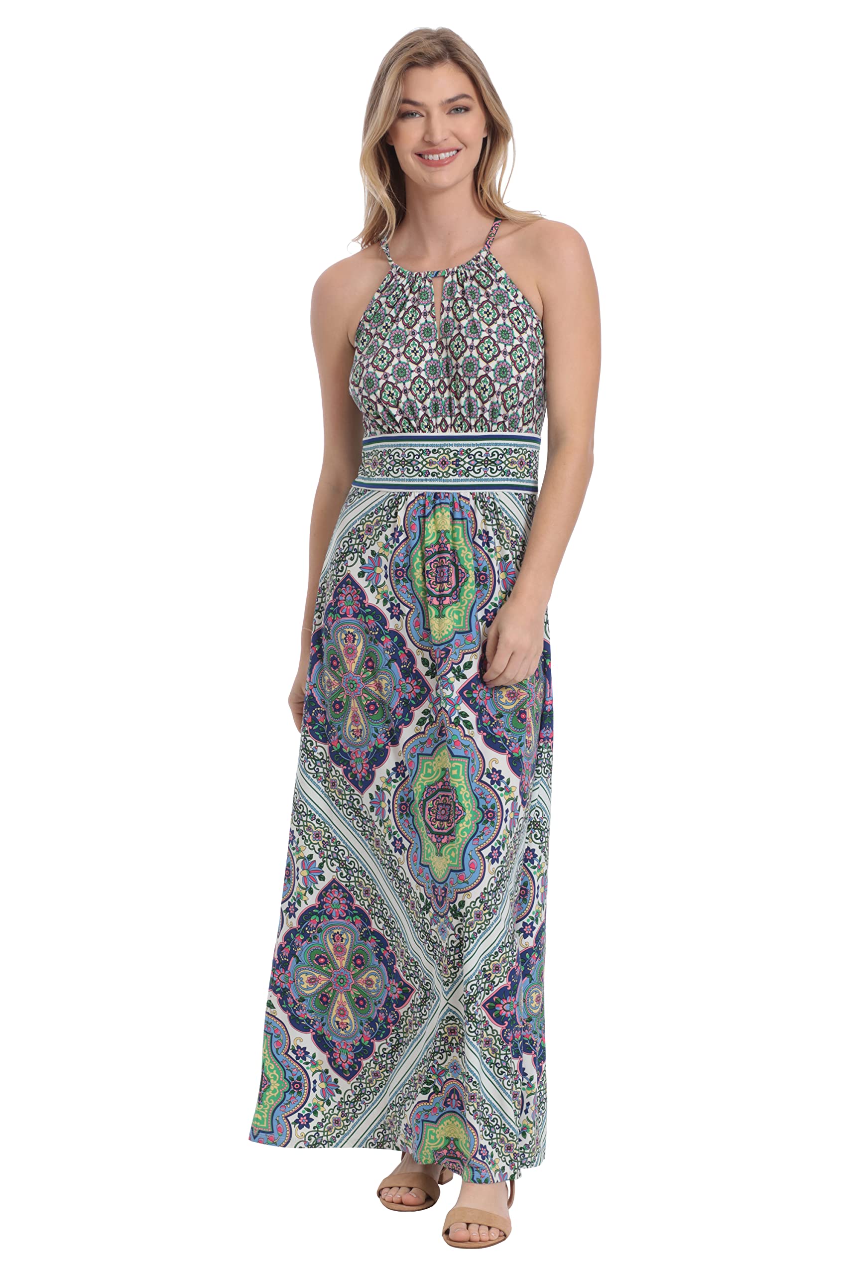 London Times Women's Halter Neck Morris Maxi Dress  Keyhole Detail,  Printed Jersey, Vacation & Event Wear London Times Maxi Dress
