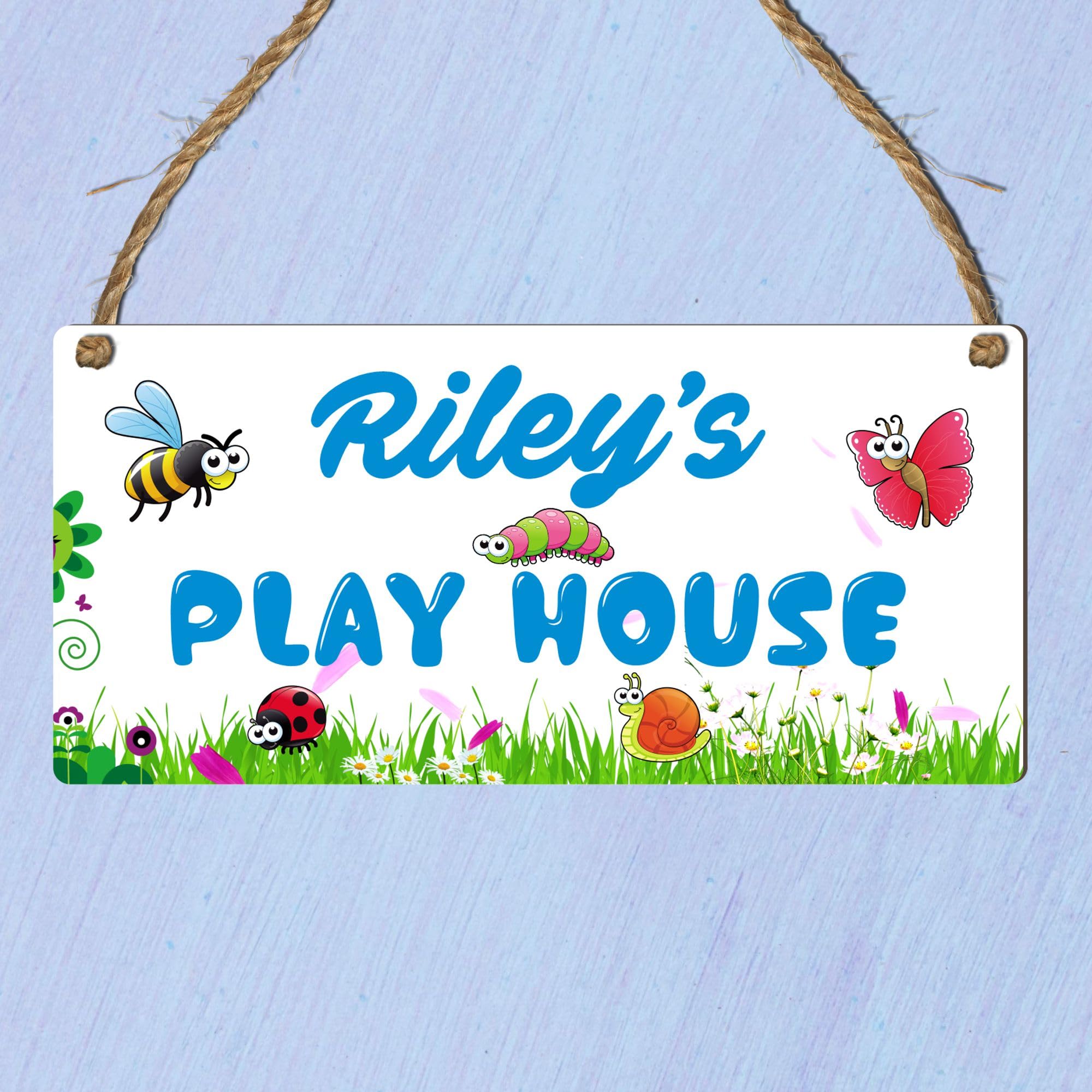 Personalised "Playhouse" Plaque – Customisable Children's Playhouse Sign for Indoor or Outdoor Use – for Kids' Playrooms or Garden Playhouses (White Blue Text, Mdf Wood Indoor Use Only)