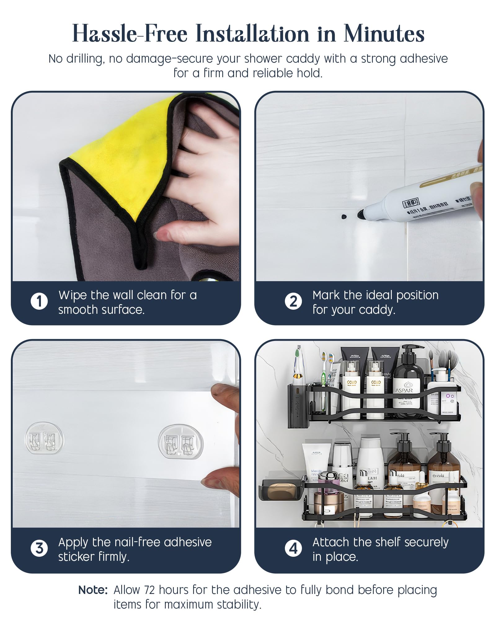 smartpeas Mensola per doccia a 3 livelli in acciaio inox - Portaoggetti adesivo per bagno - Portasapone adesivo - Anti-ruggine e facile da installare - Supporto per accessori senza forature