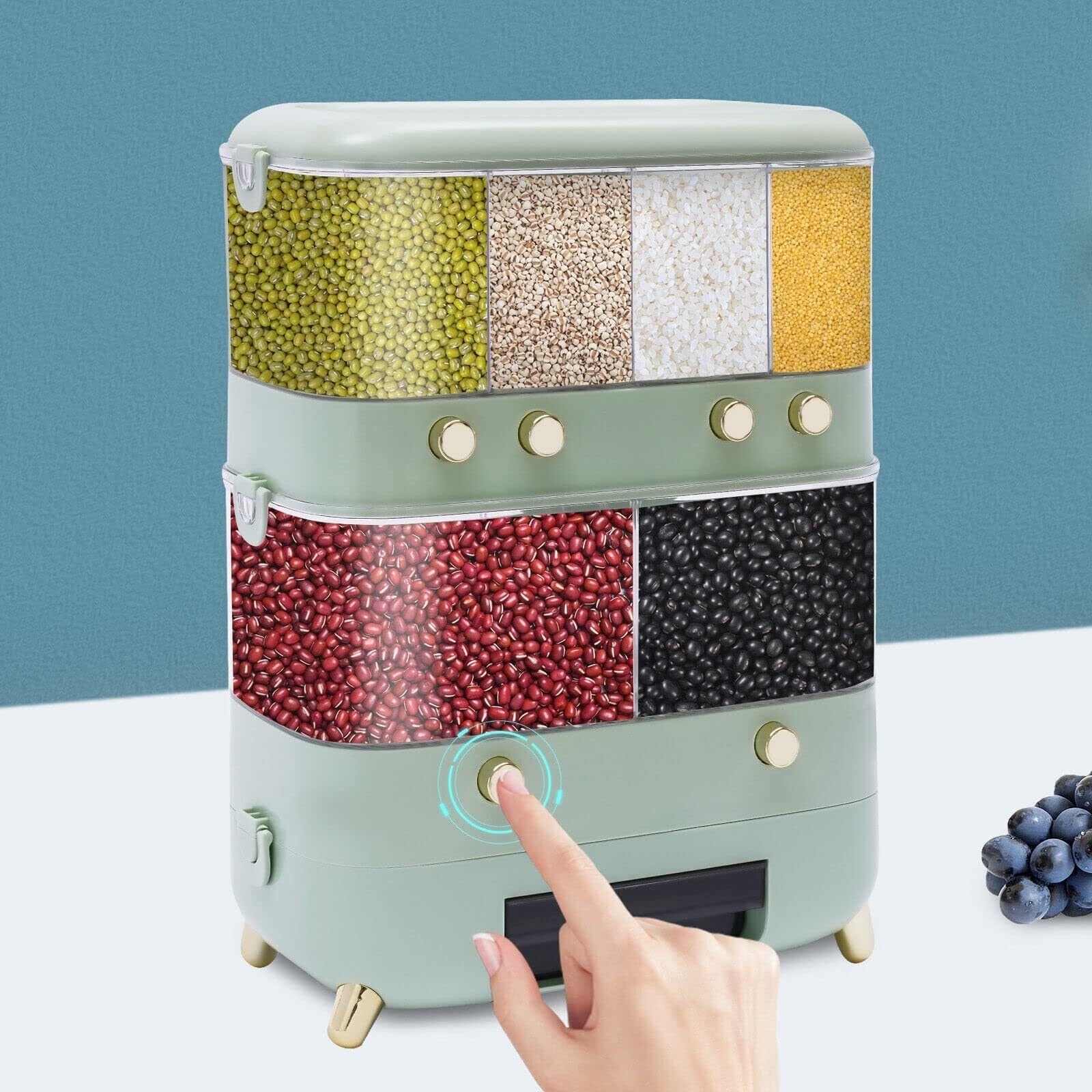Contenedores para Cereales, dispensador Doble de Granos, contenedor Transparente para arroz con Compartimentos Individuales para almacenar arroz, judías Verdes y Rojas. Contenedor para almacenar judí