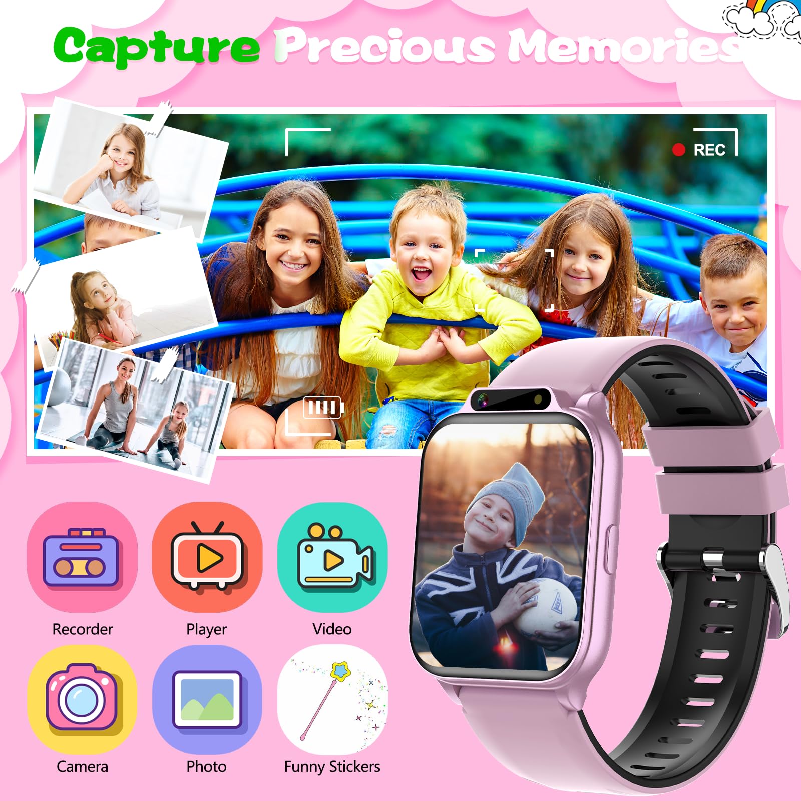 Smart Watch for Kids, 1.85" Fitness Tracker with Heart Rate, Sleep Monitor, IP68 Waterproof Smartwatches with Video Camera Music Player, Pedometer, Game, SOS Button, NO APP/Phone, Gift for Boys Girls.