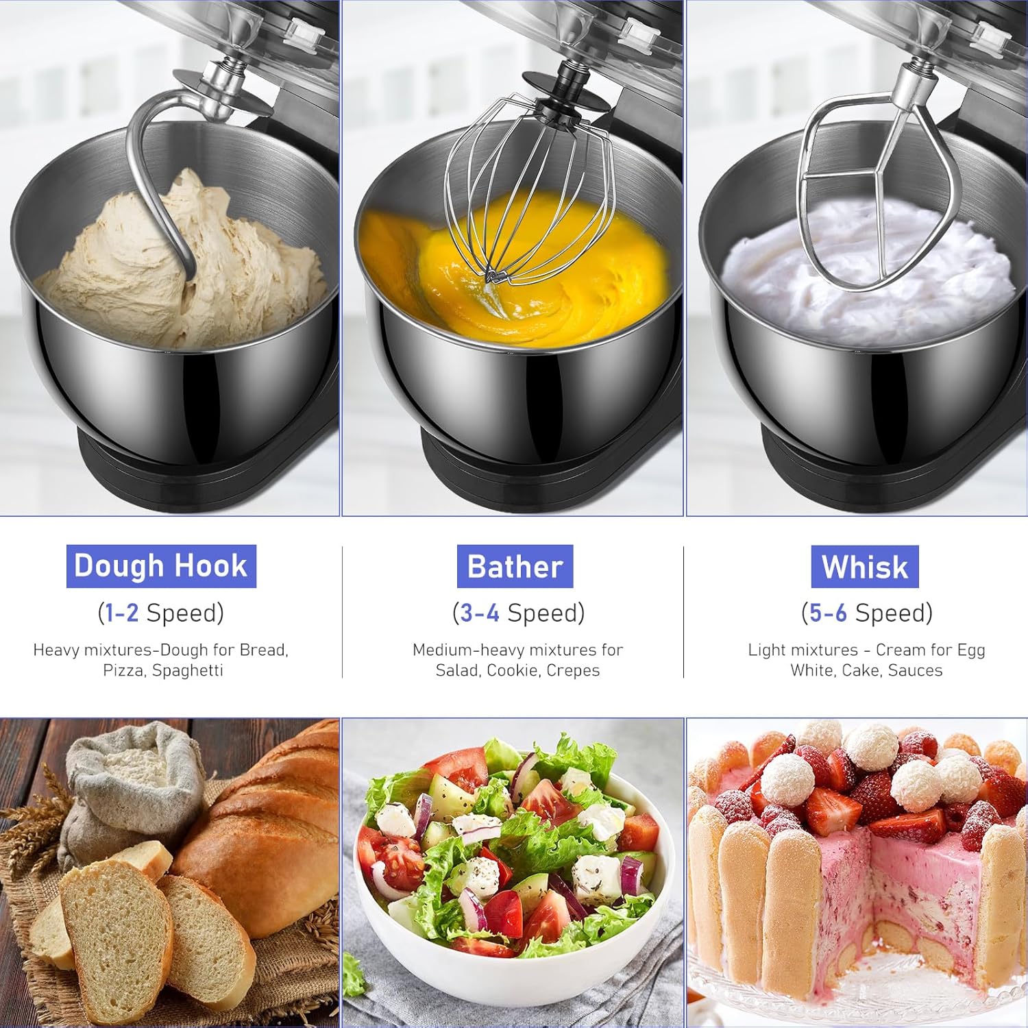 Electric Stand Mixer, 4.5QT 6-Speeds Electric Food Cake Mixer, 1000W Dough Mixer Tilt-Head Electric Stand Up Mixer with Stainless Steel Bowl, Dough Hook, Mixing Beater and Whisk, Splash Guard, Black