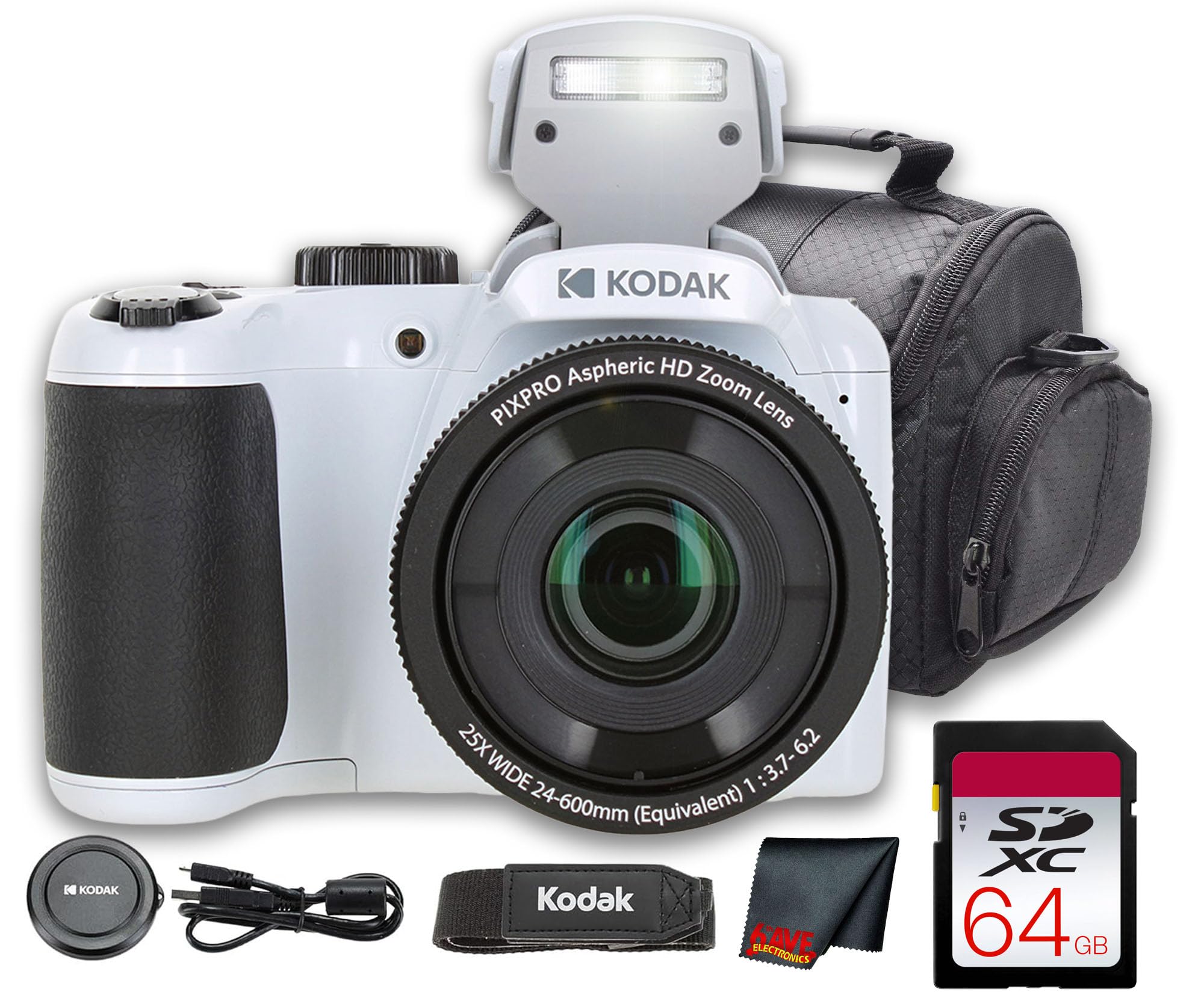 Kodak PIXPRO AZ255 Digital Camera (White) | 16MP Sensor, 25x Optical Zoom, 24mm Wide-Angle Lens & Optical Image Stabilization | Great for Travel & Distance Photos (AZ255WH) + 64GB Card + Bag + Cloth-image-45