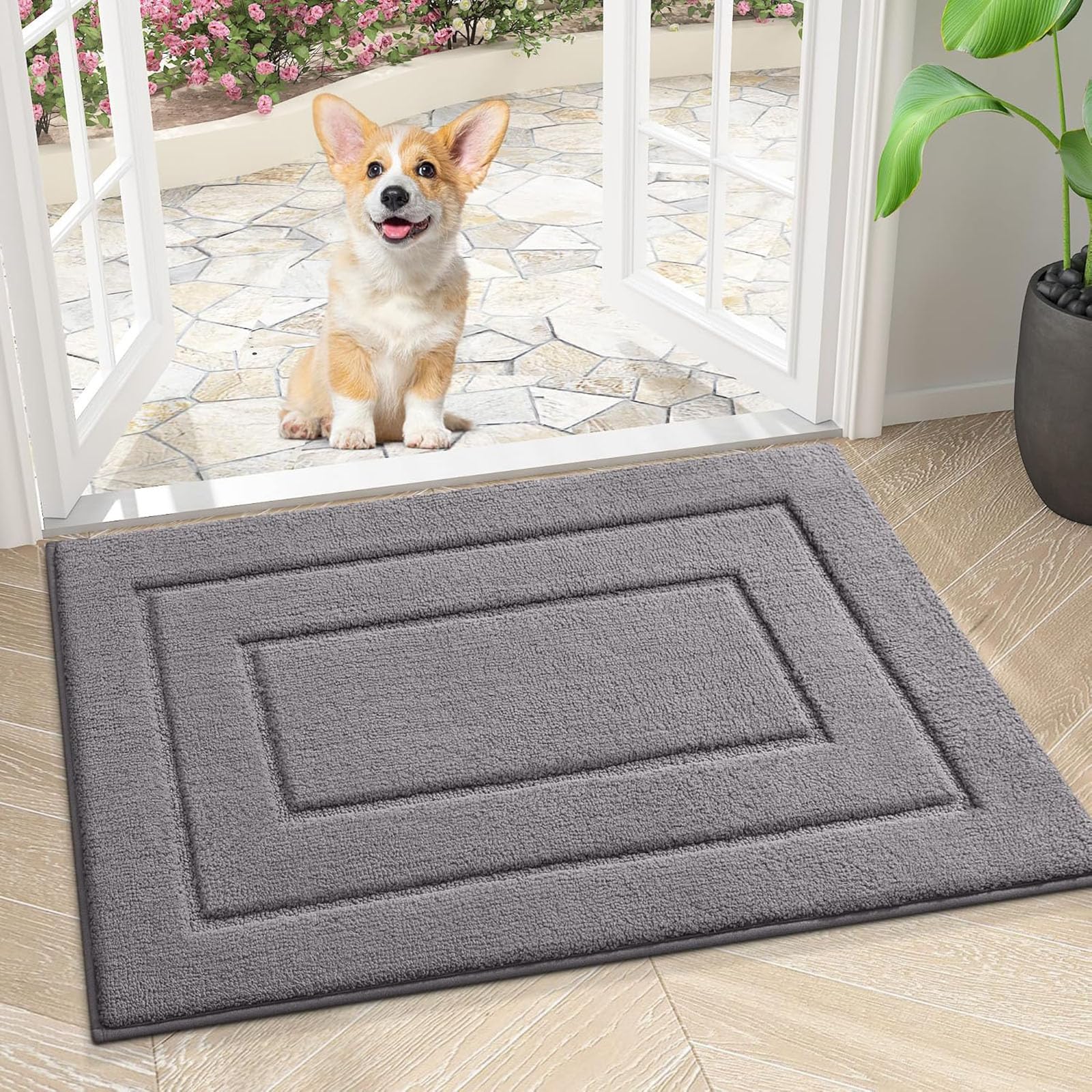 Rayyan Indoor Door Mat, Door Mat Indoor Entrance, Absorbs Moisture and Dirt Low-Profile Doormat, Indoor Dog Mat for Muddy Paws, Front Door mat for Floor Home Entryway (24x16 Inches, Grey)