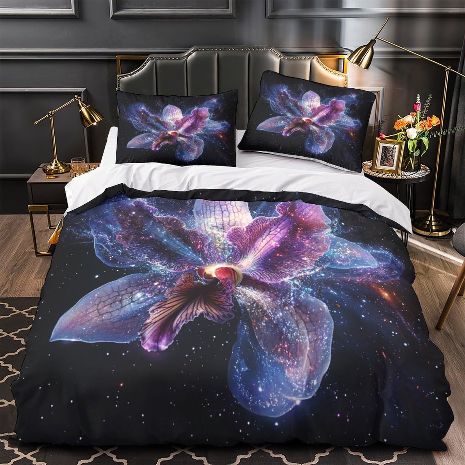 Housse de couette 3D imprimé résistante avec deux taies d'oreiller motif floral galaxie