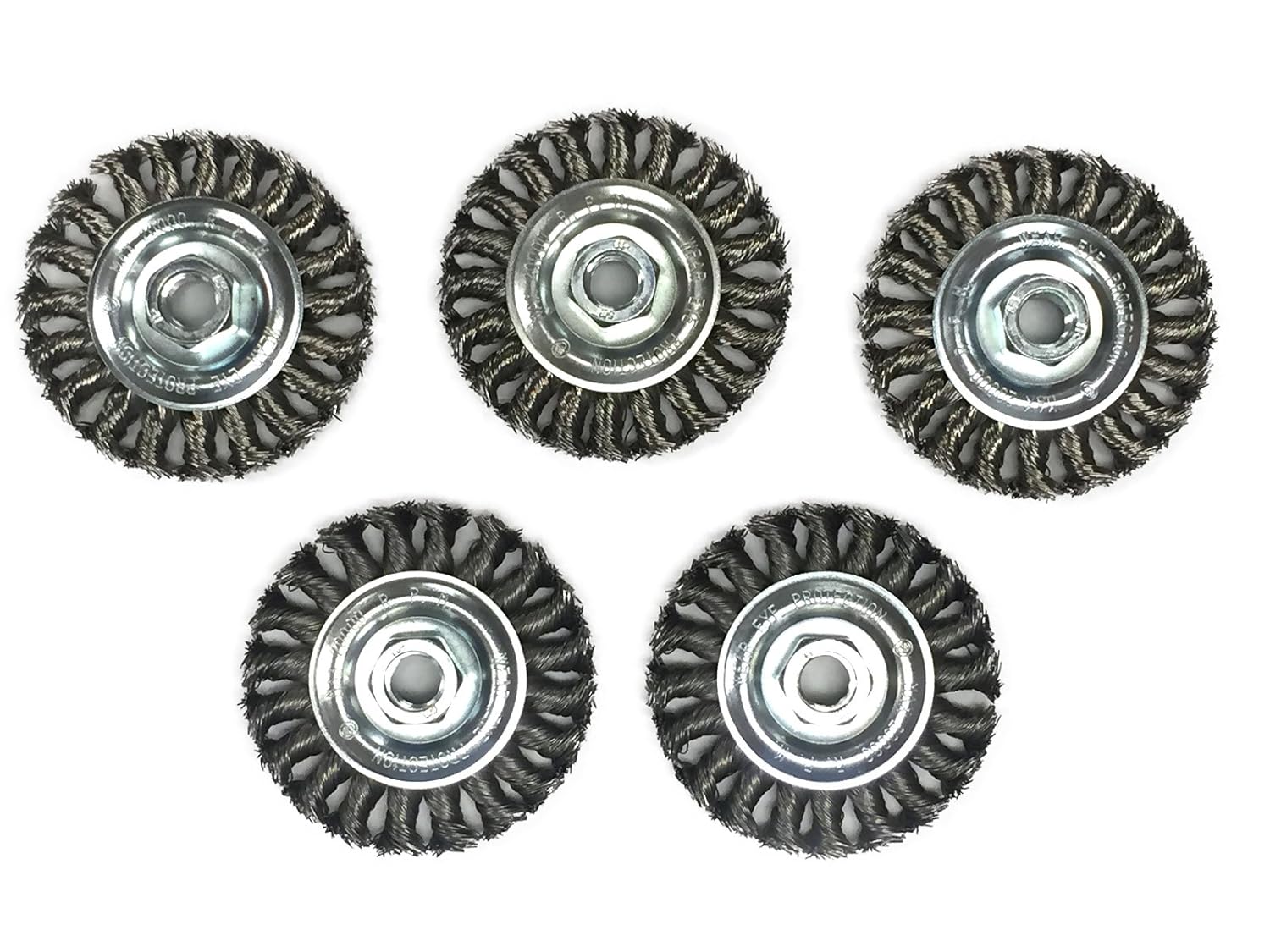 Benchmark Abrasives 4” Standard Twist Knot Wire Wheel with Arbor 5/8-11 Thread, for Weld Cleaning, Weld Spatter Removal, Stripping, Deburring, Use with Angle Grinders - Carbon Steel (5 Pack)