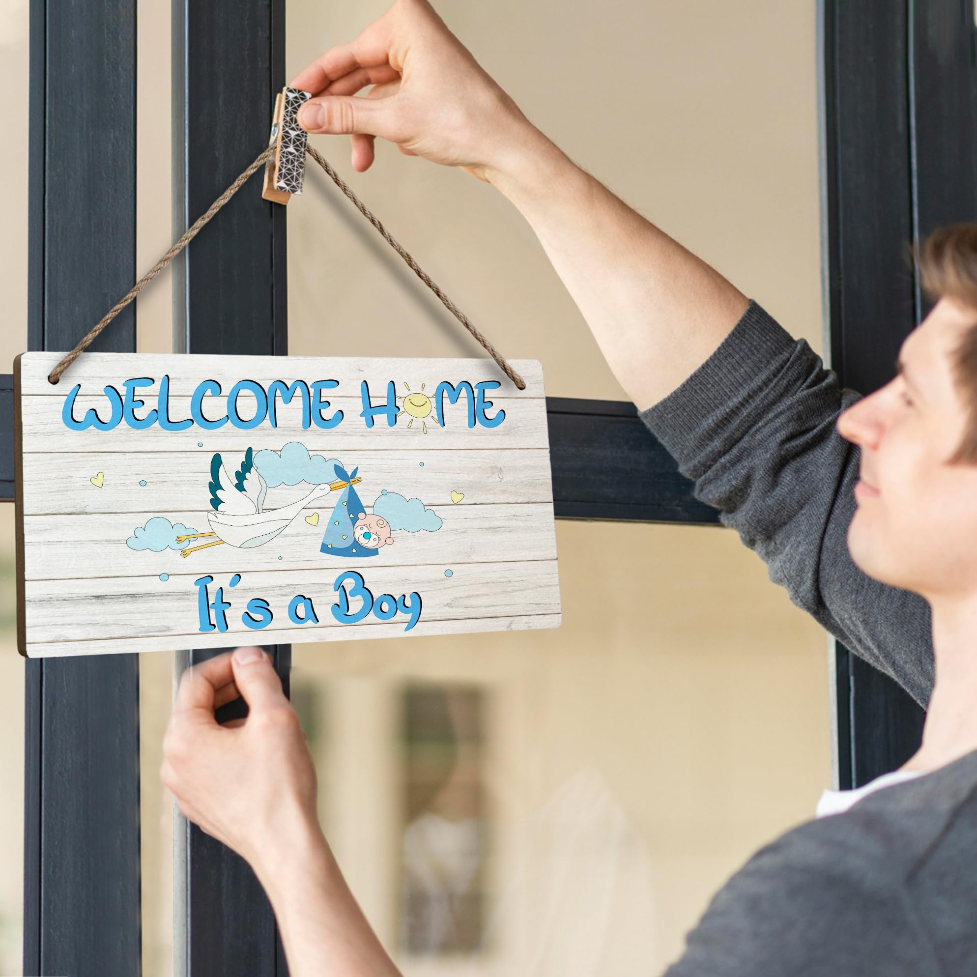 'Welcome Home Door Sign, Welcome Home It's a Boy' znak na drzwi dekoracja, niebieski baby shower bocian znak dom podwórko znak dekoracje, ogłoszenie narodzin noworodek znak tablica