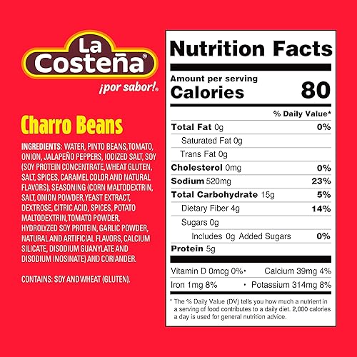 Vista 2 de LA Costeña Frijoles Enteros Charro Frijoles pintos con cebolla, ajo, chorizo, tocino, chicharrones y tomate, lata de 19.75 onzas (paquete de 12)