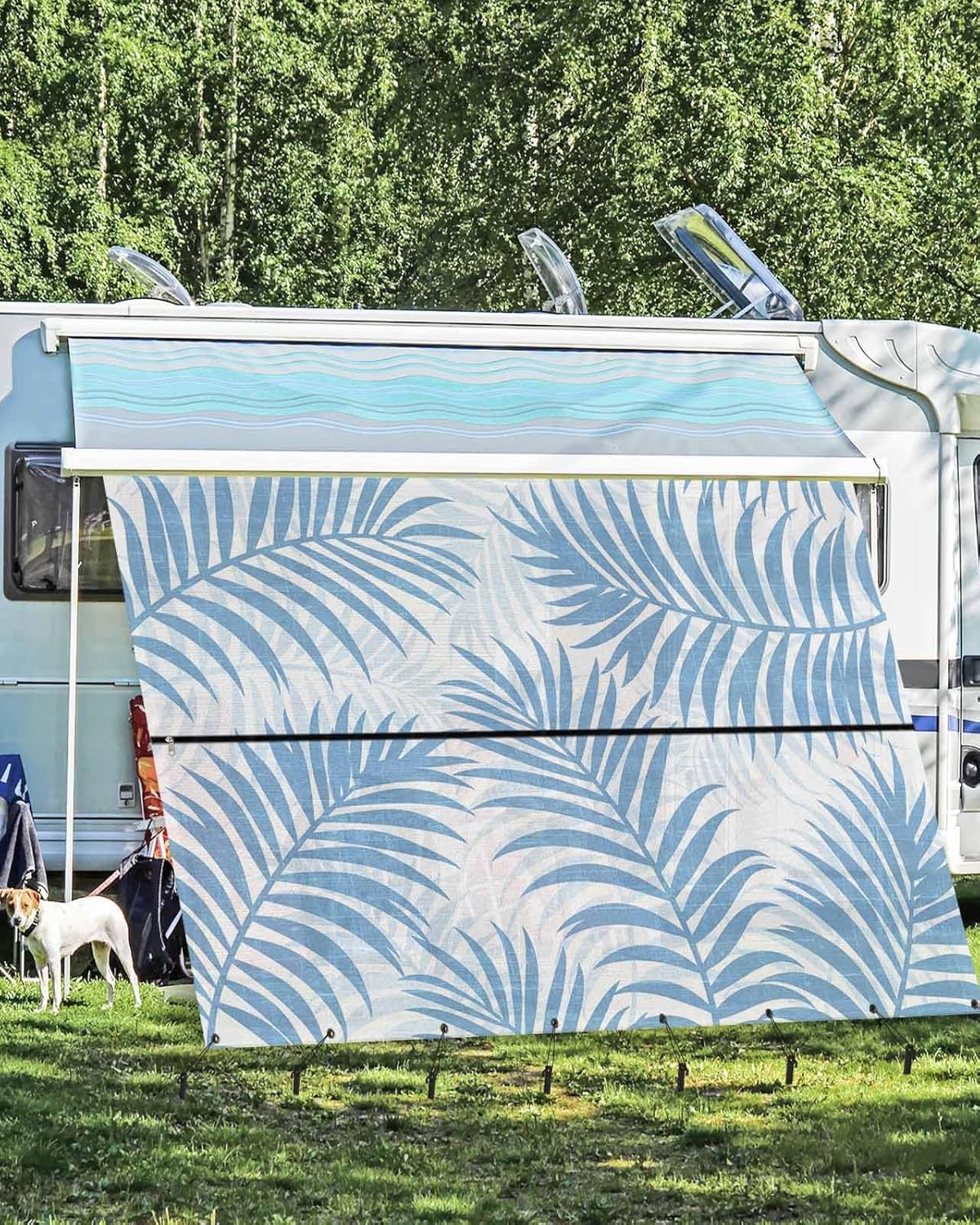 Sky Blue Palm Leaves RV Awning Sun Shade Screen with Zipper 9'x15.5' Summer Botanical Tropical Plant Rustic Mesh Sunshade UV Blocker Awning Shade Complete Kits for Motorhome Camper Travel Canopy