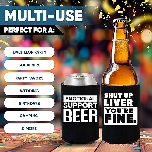 Miniatura 4 de Divertidos frases de fiesta de cerveza para latas de cerveza con aislamiento térmico para bebidas con soda, cerveza Hugger Coolies (negro, paquete
