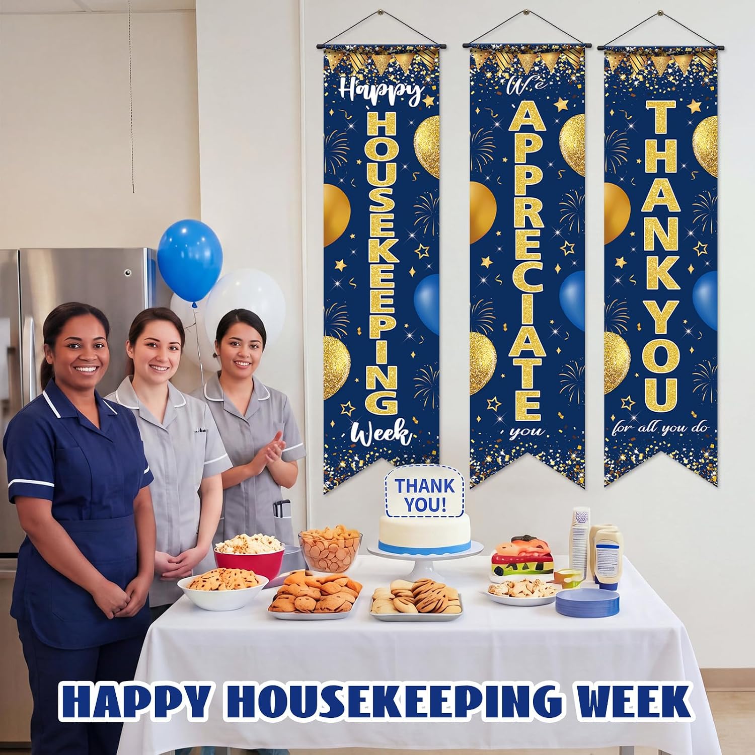 Irenare 3 Pcs Blue Gold Happy Housekeeping Week Decoration Banner Thank You for All You Do Banner We Appreciate Backdrop for Housekeeper Employee Staff Appreciation Party Supplies