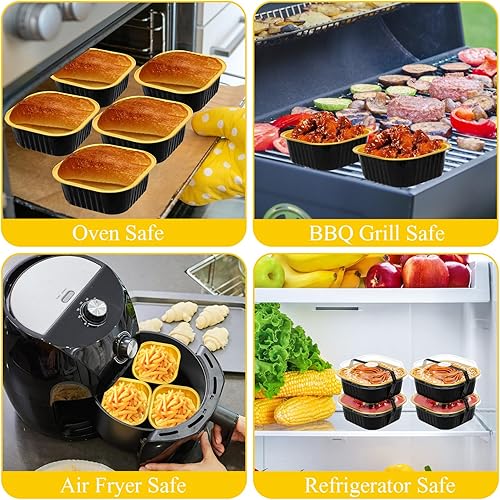 Miniatura 4 de Mini moldes para pasteles con tapas y cucharas (paquete de 50, negro, 10 onzas), moldes cuadrados para magdalenas, mini sartenes de aluminio con