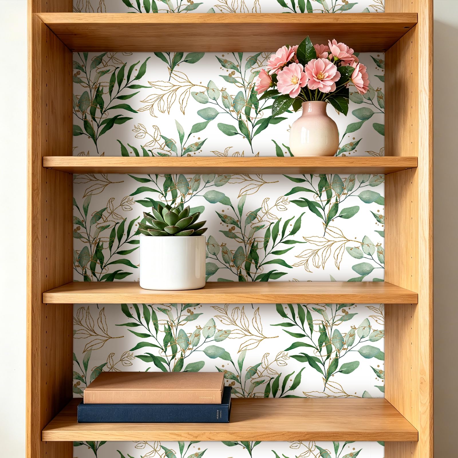 ReWallpaper 44.5CMx7M Carta Da Parati Foglie Verdi Rivestimento Mobili Adesivo Armadio Porta Decorativo Foglie Rustica Carta Adesiva per Pareti Bagno Camera Da Letto Sala Pranzo Bianca