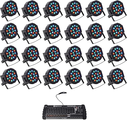 (1) Rockville ROCKFORCE 384 Channel Light/Fog DMX Controlador de iluminación + paquete de control MIDI con (24) Rockville RockPAR50 LED RGB Compact
