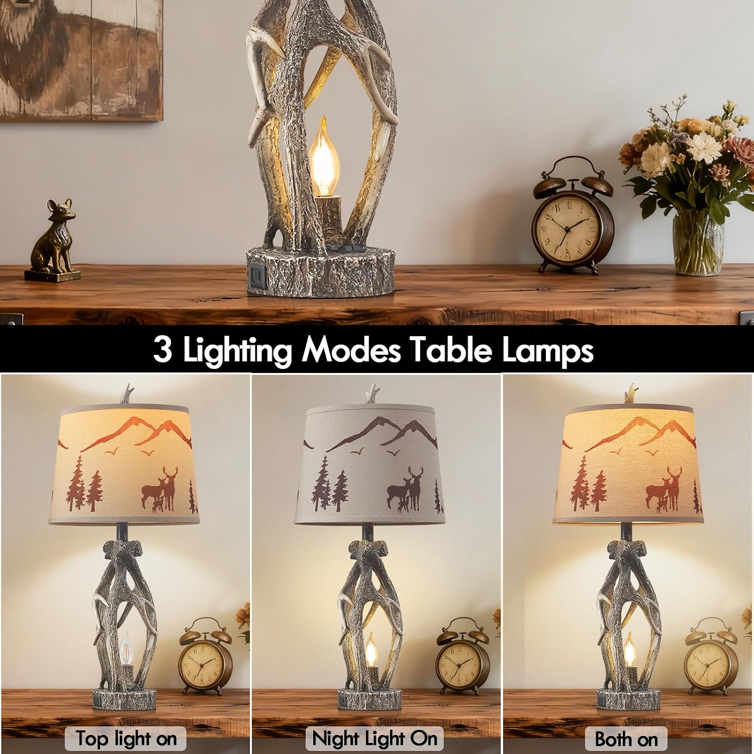 28" Set of 2 Antler Table Lamps for Living Room, Rustic Nightstand Table Lamp with Deer Lampshade and USB + Type C Ports Farmhouse Bedside Lamps for Bedroom Office House(Included 4 Bulbs)