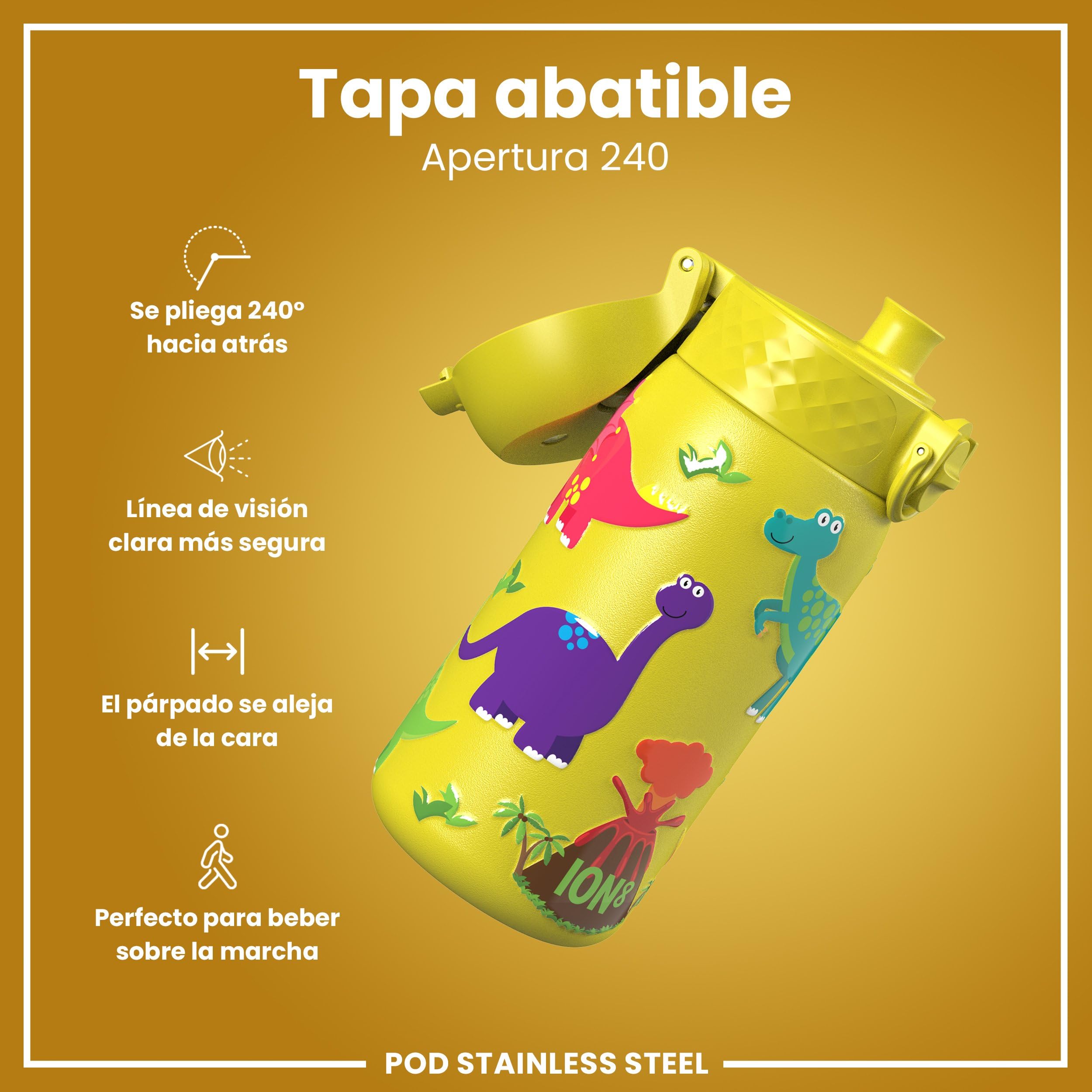 ion8 Botella Agua Inox Ligero para Niños, 400ml, Sin Aislamiento, a Prueba de Fugas, Fácil de Abrir, Cerradura Segura, Apta para Lavavajillas, Tapa Abatible, Fácil de Limpiar, Dinosaurios