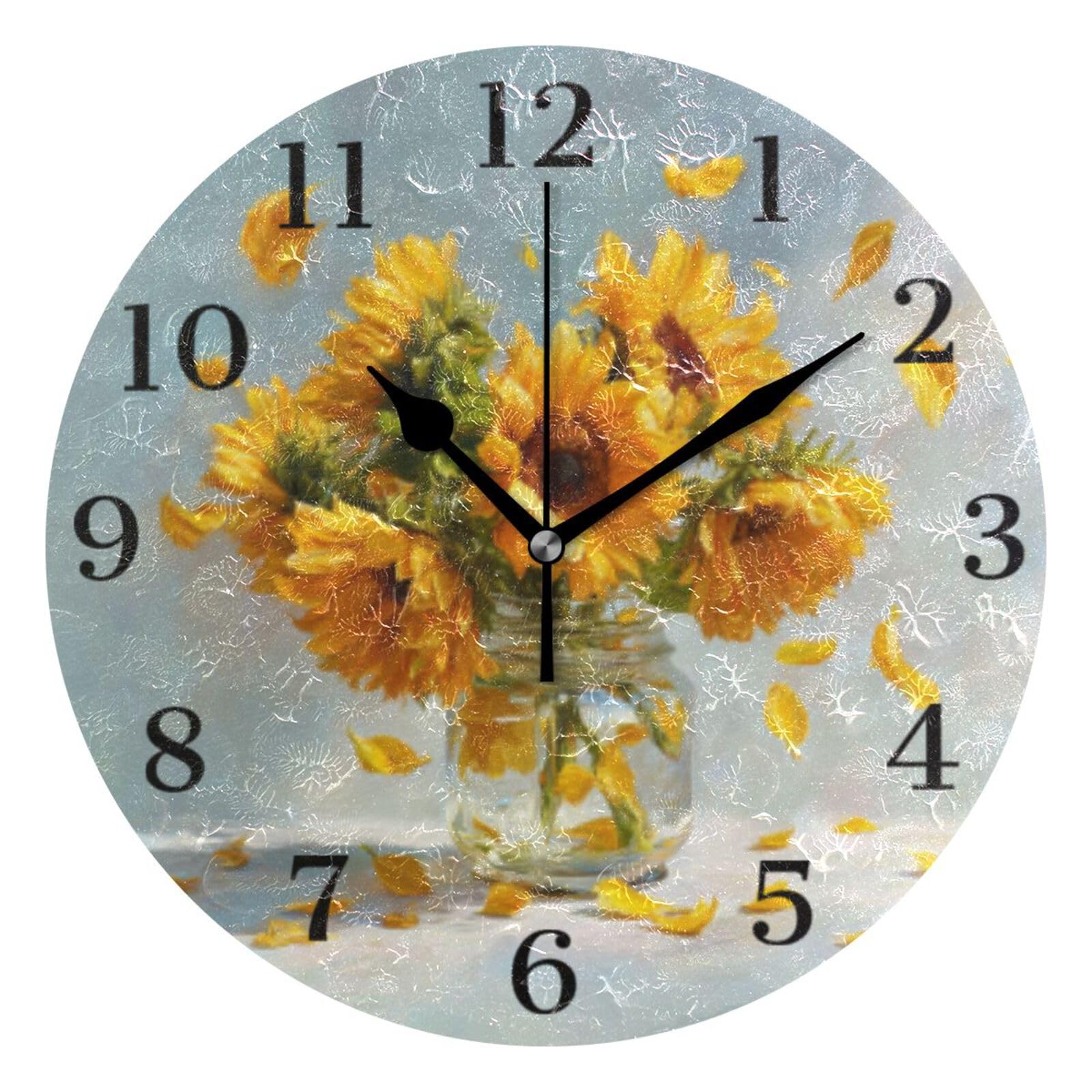 Ensound Sunflowers Wall Clock Silent Non-Ticking Battery Operated Clocks 12 Inch for Kitchen Home Living Room