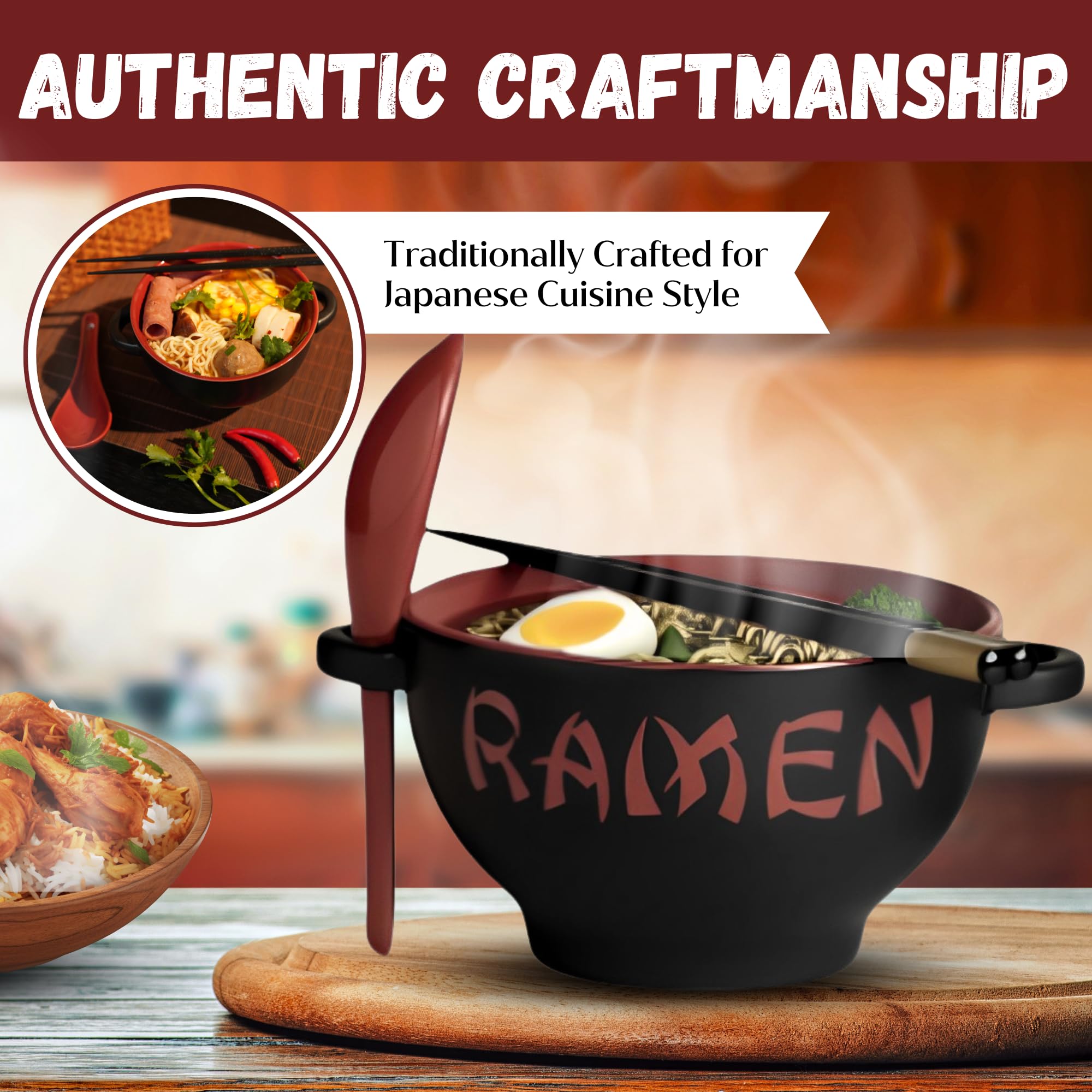 Japanische Ramenschüssel mit Essstäbchen und Suppenlöffeln, rotes Geschirr-Set für Geschenke, vielseitige Keramik-Suppenschalen für Reis, Miso, Pho, Udon-Nudeln und Instant-Ramen, große