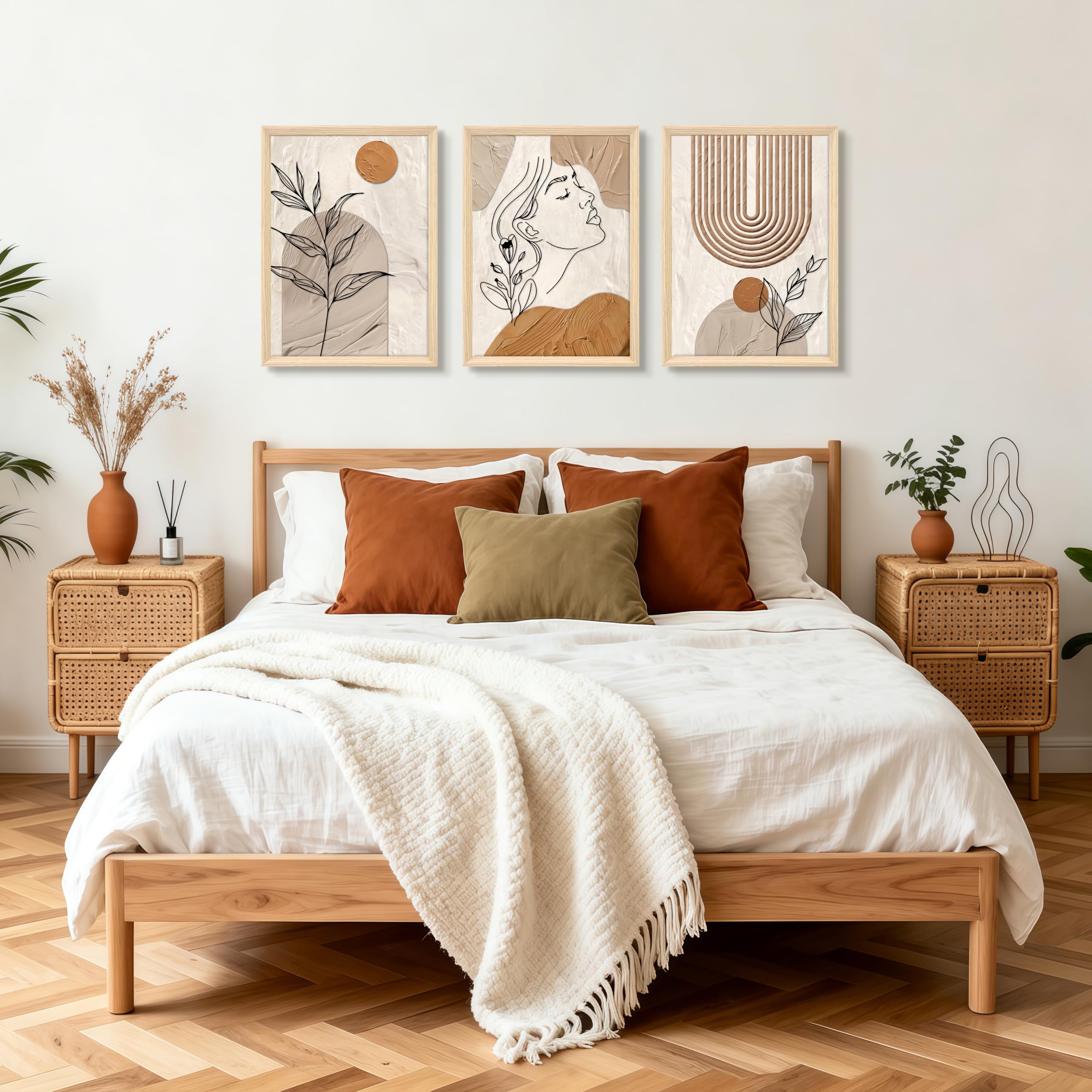 3 Pcs Wooden Framed Canvas Wall Art Set Bohemian Sage Green Canvas Prints Poster Geometric Line Beige Green Pictures for Living Room Bedroom Dinning Room Hallway Stairs Wall Decor 30x40cm x3pcs — view 217