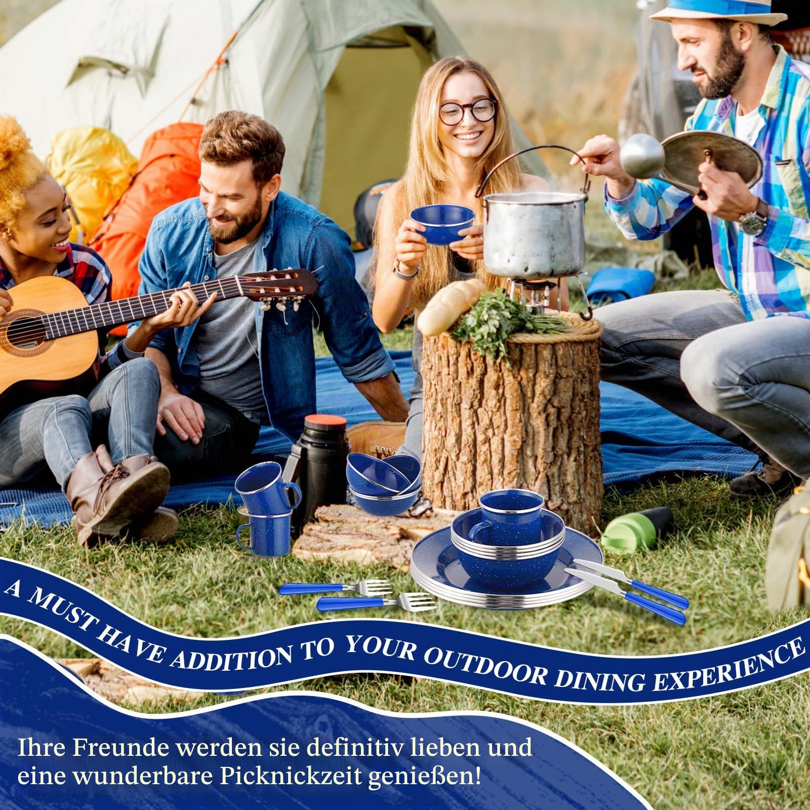 Nuogo 48-teiliges Emaille-Campinggeschirr-Set für 8 Personen, inklusive 340 ml Emaille-Kaffeetassen, 26,7 cm, Campingteller, 15,2 cm Schüsseln und Campingutensilien, Set mit Messer, Gabel, Löffel für