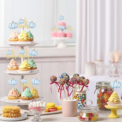 Miniatura 5 de Gyufise 24 piezas de calabaza Oh Baby Cupcake Toppers Blue Fall Pumpkin Cupcake Picks Baby Shower decoración de pastel de calabaza temática de